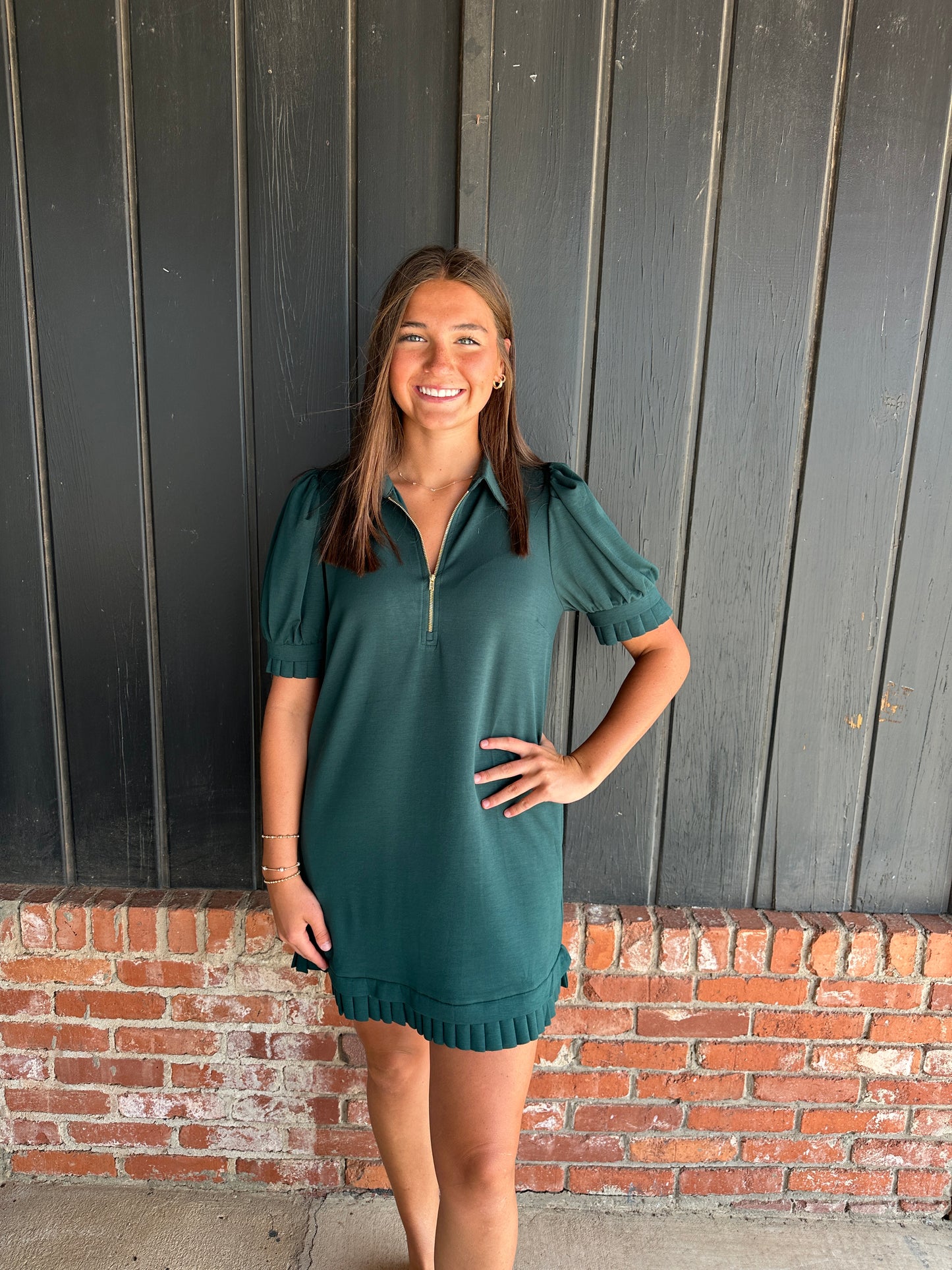 Hunter Green Scuba zip dress with detailed hem