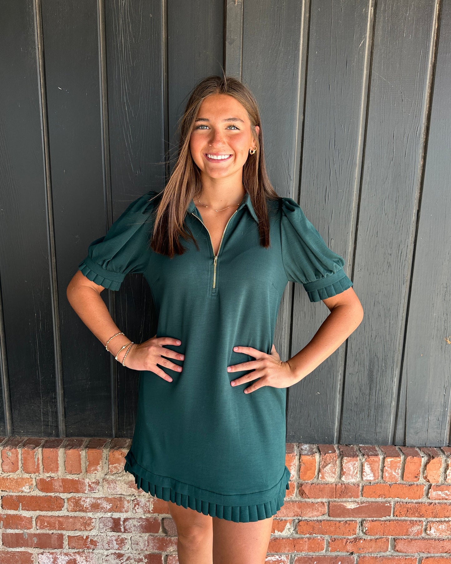 Hunter Green Scuba zip dress with detailed hem