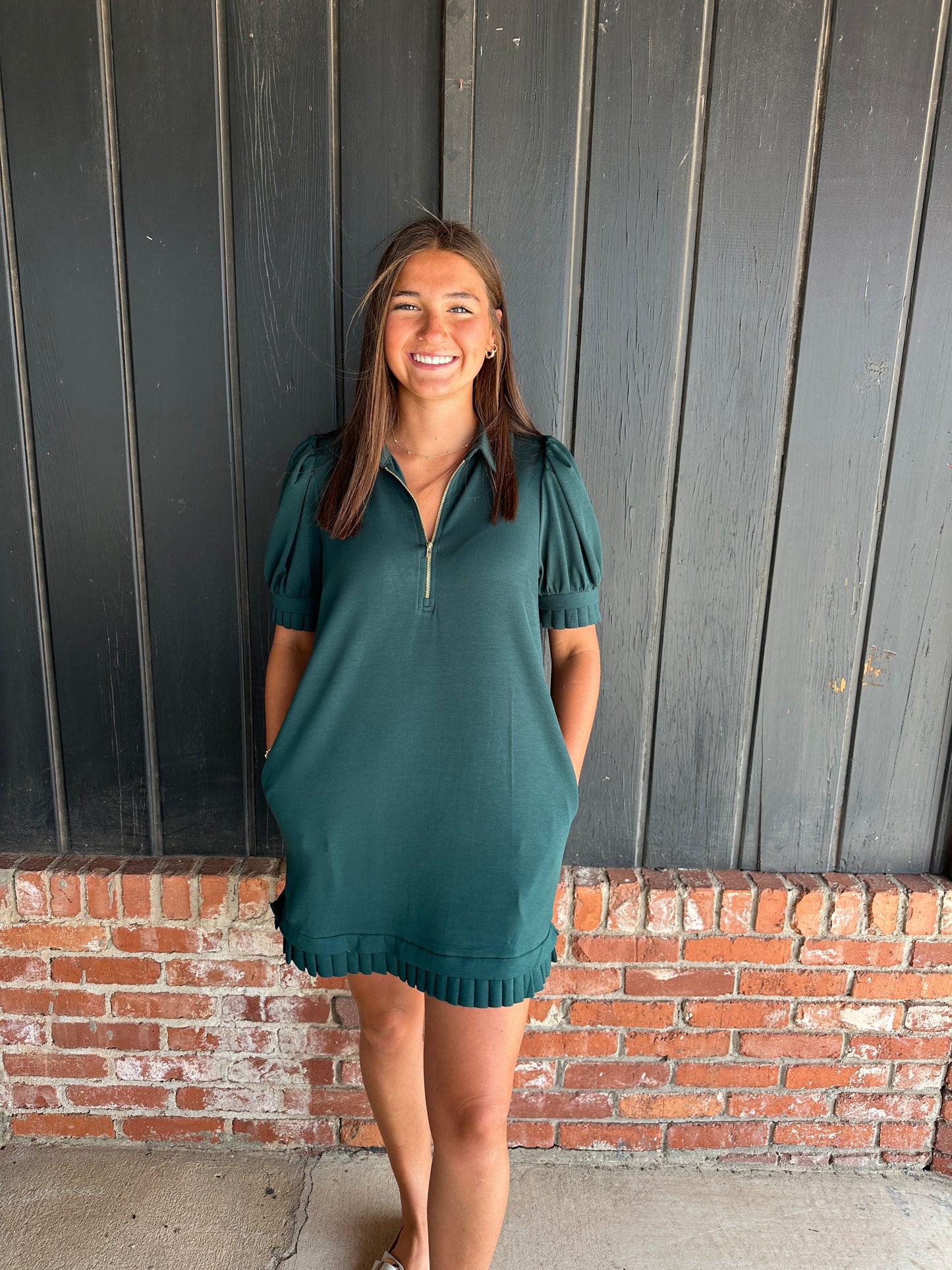 Hunter Green Scuba zip dress with detailed hem