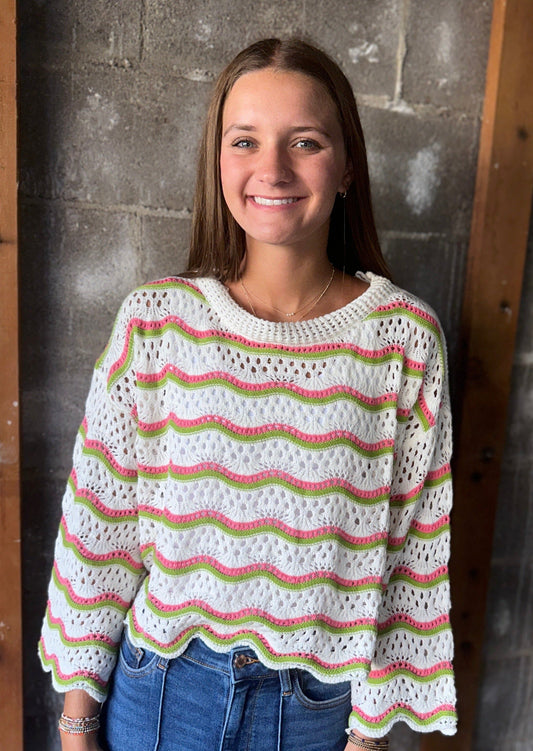 Multi-Colored Wavy Detail Crochet Sweater