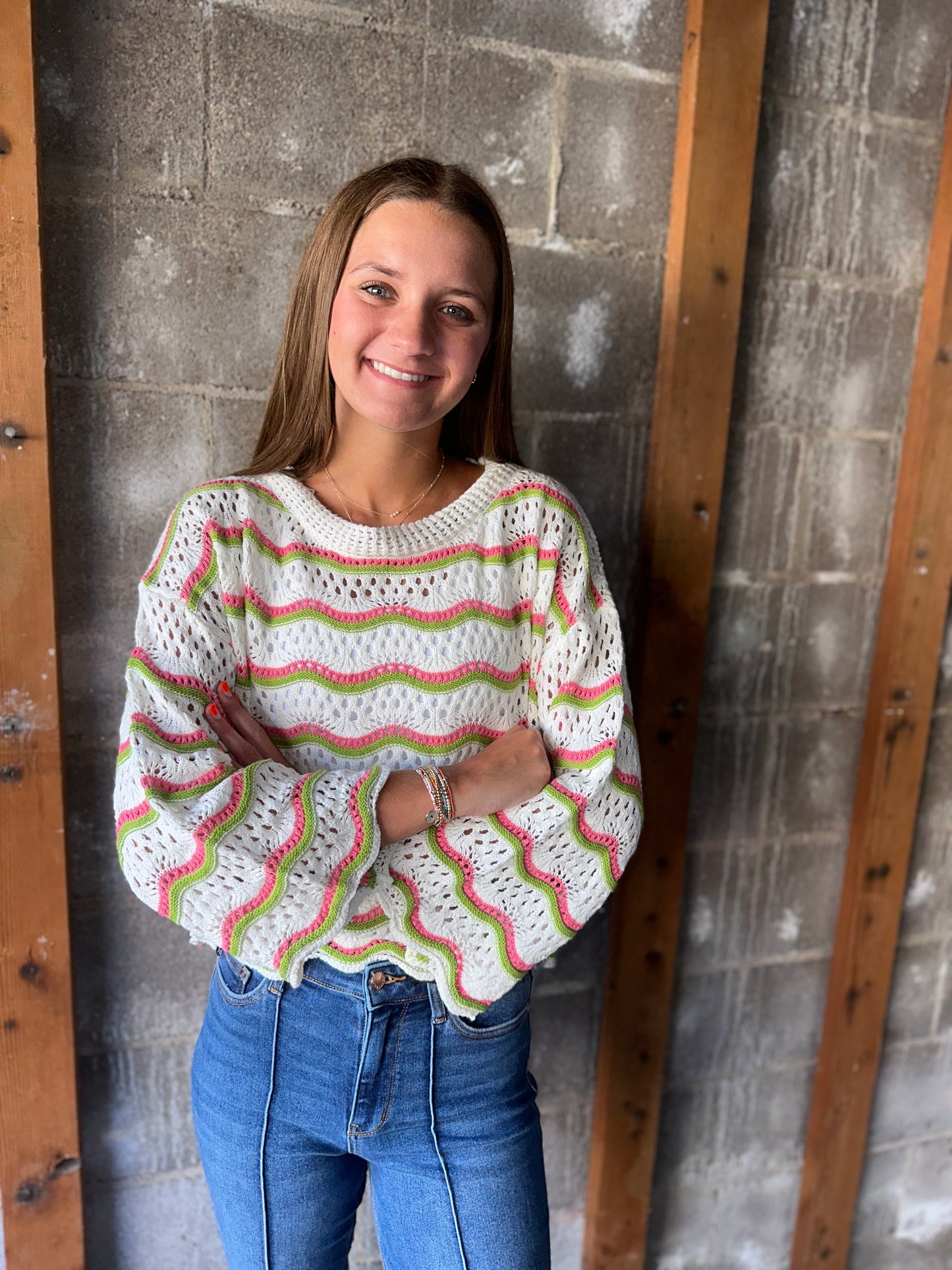 Multi-Colored Wavy Detail Crochet Sweater