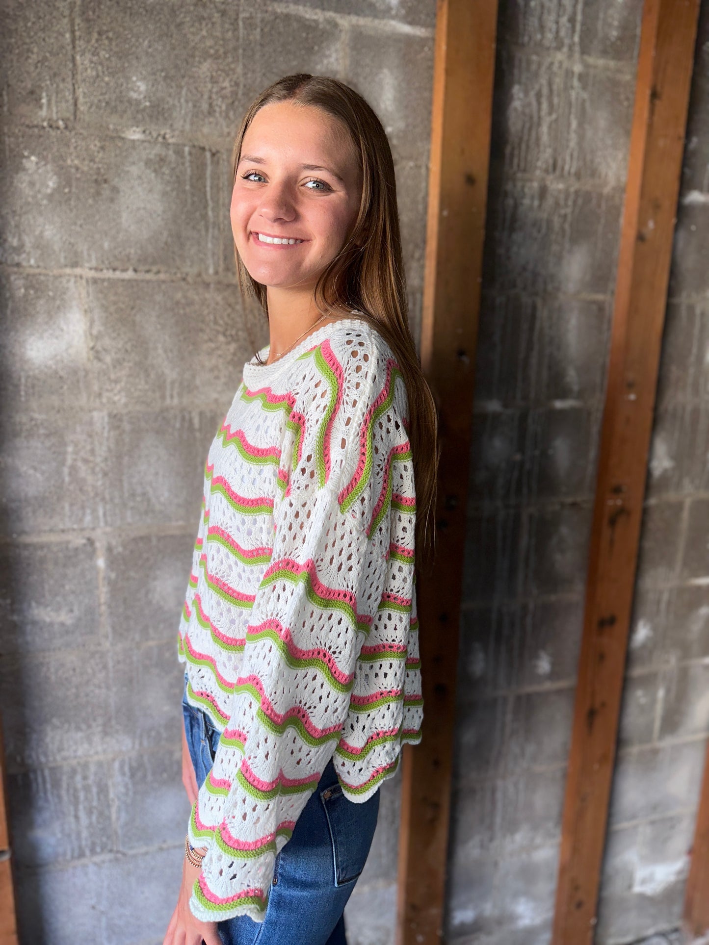 Multi-Colored Wavy Detail Crochet Sweater