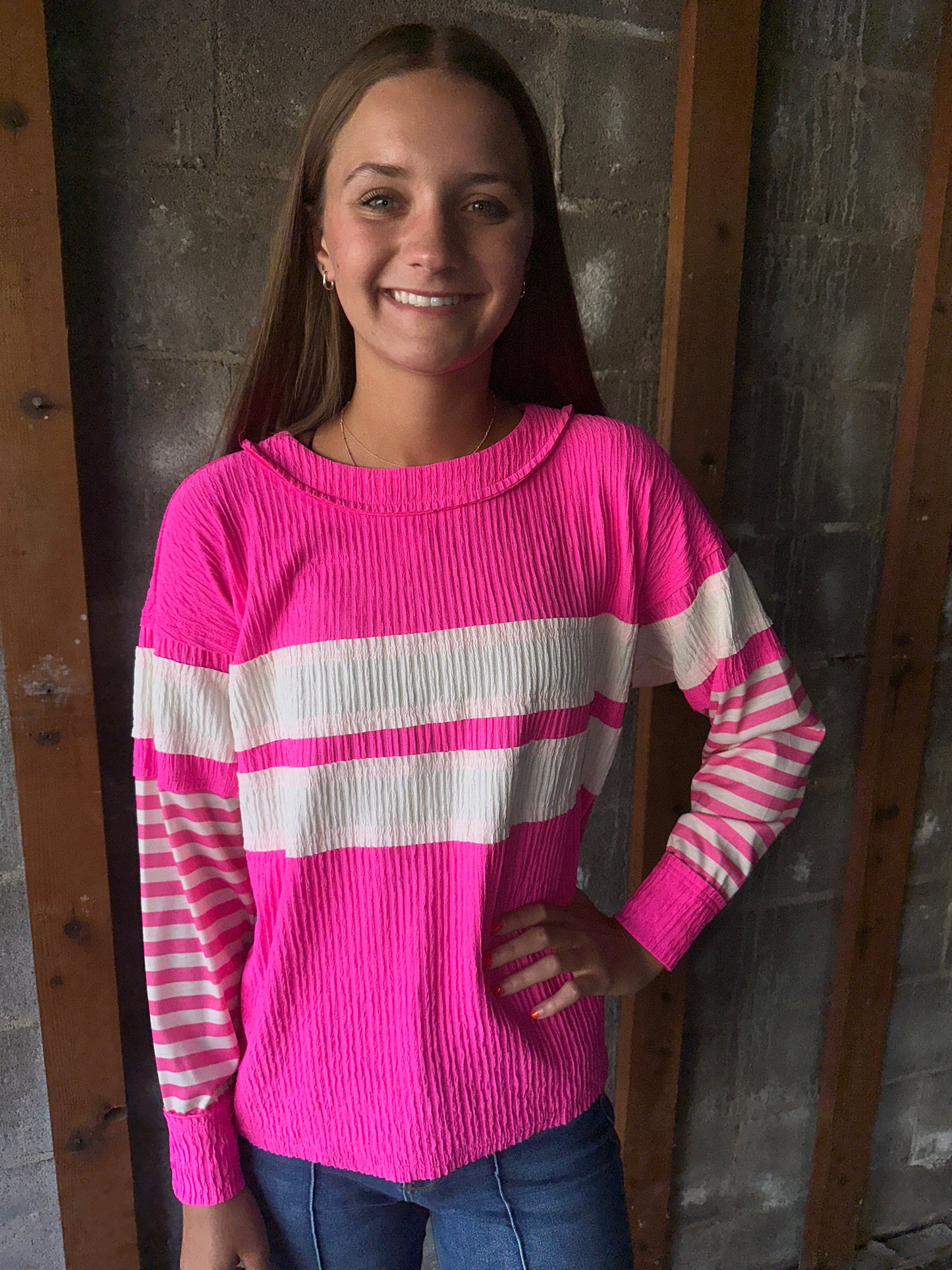 Bright Pink raw edge crinkle pullover