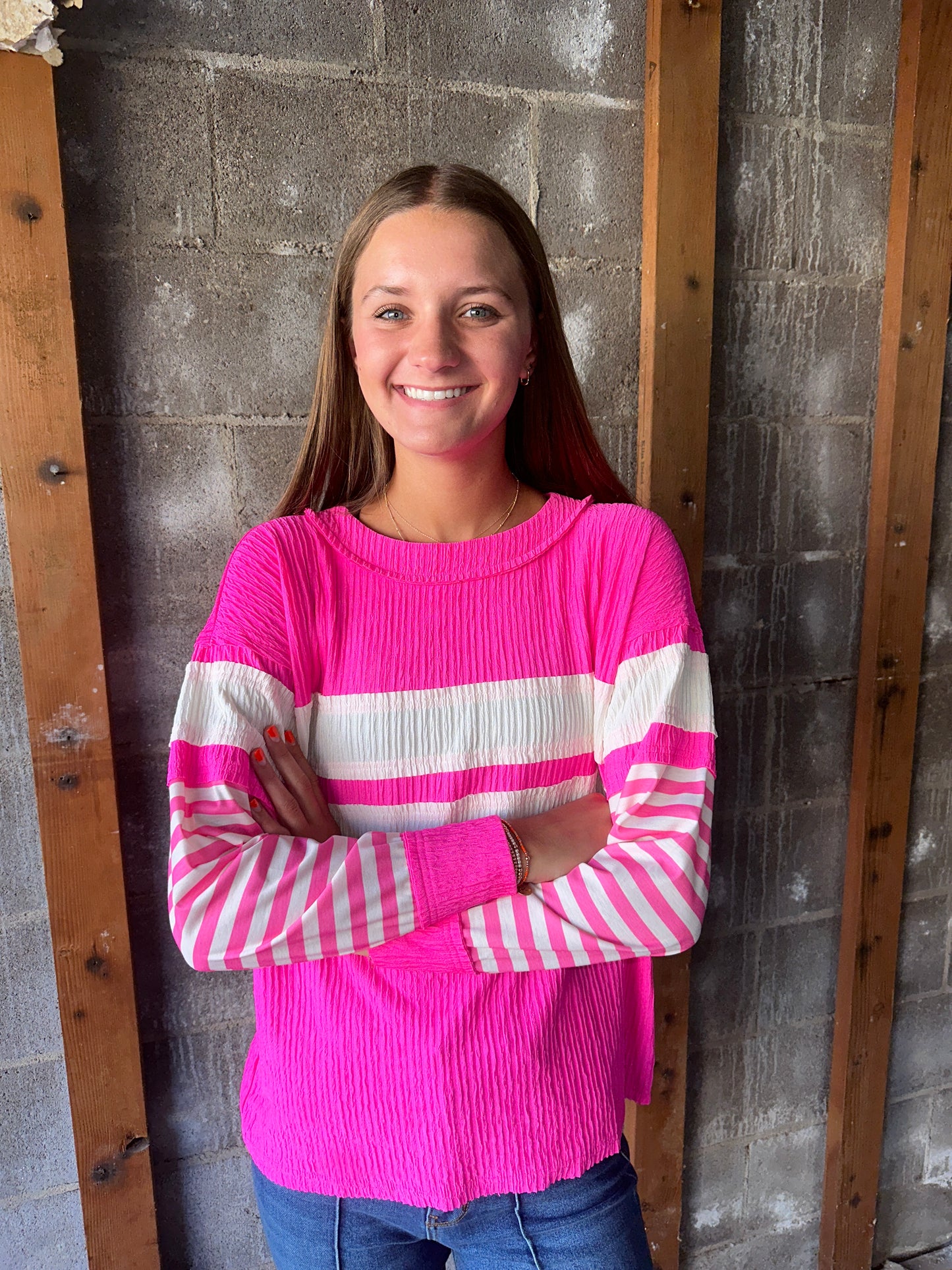 Bright Pink raw edge crinkle pullover