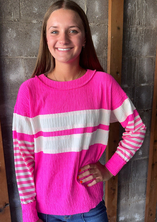 Bright Pink raw edge crinkle pullover