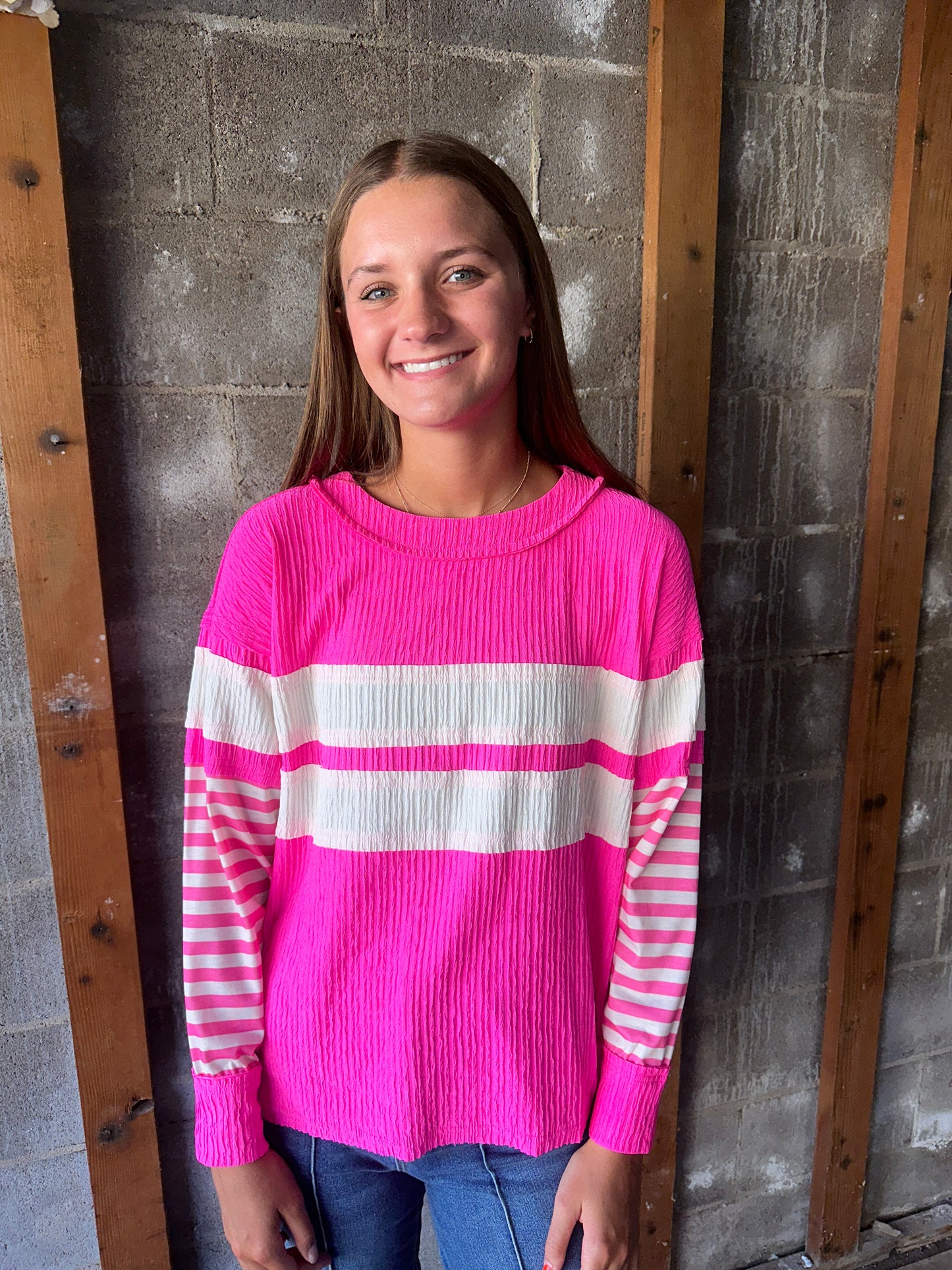 Bright Pink raw edge crinkle pullover