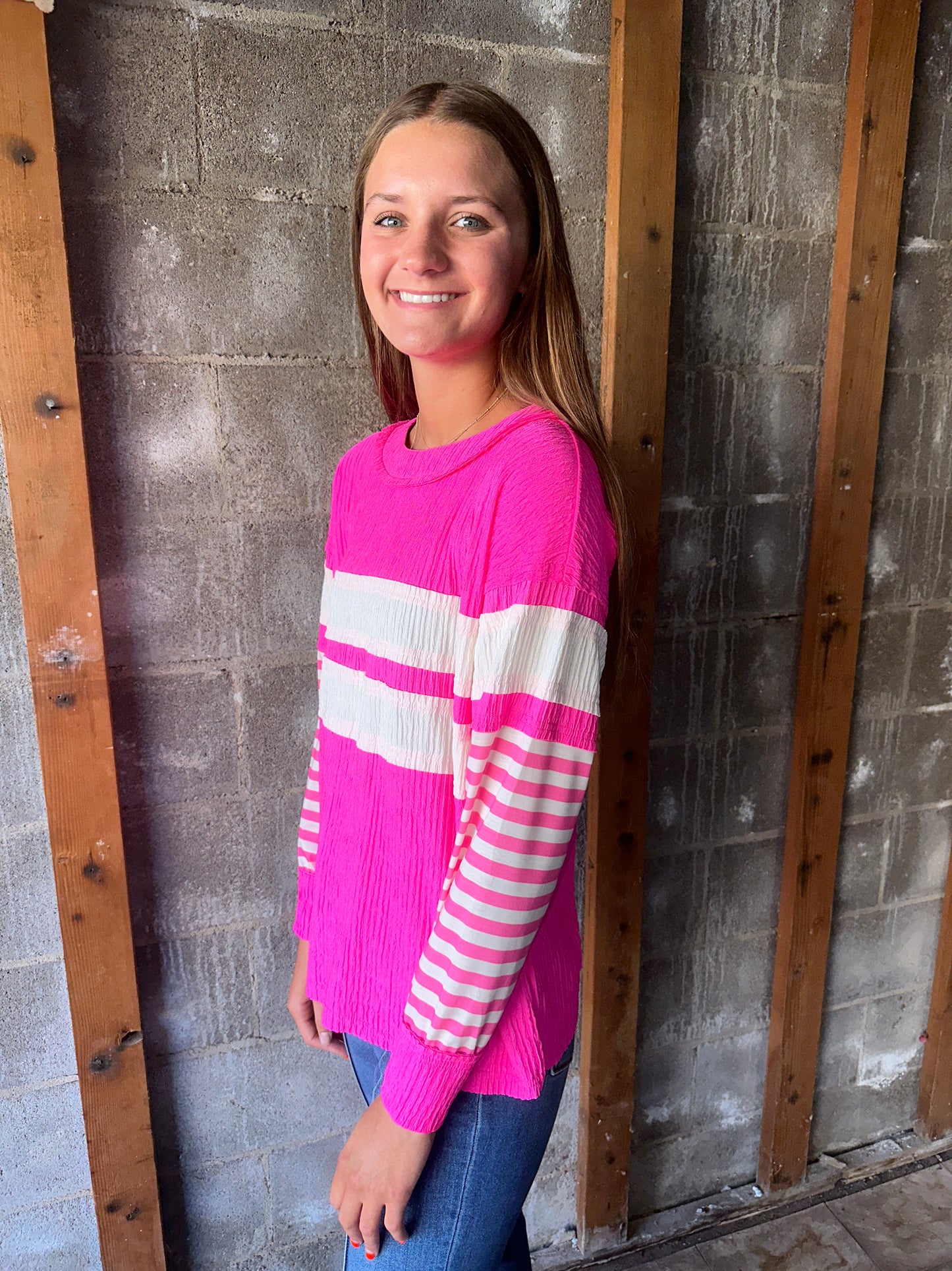 Bright Pink raw edge crinkle pullover