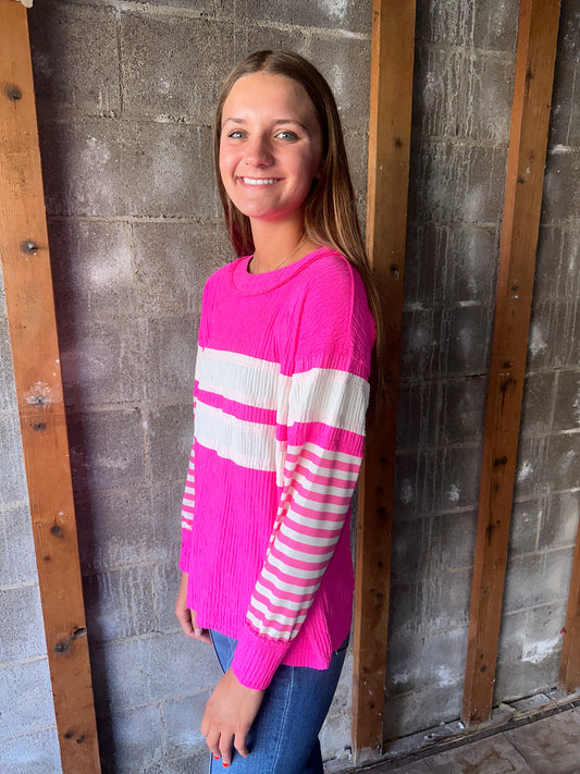 Bright Pink raw edge crinkle pullover