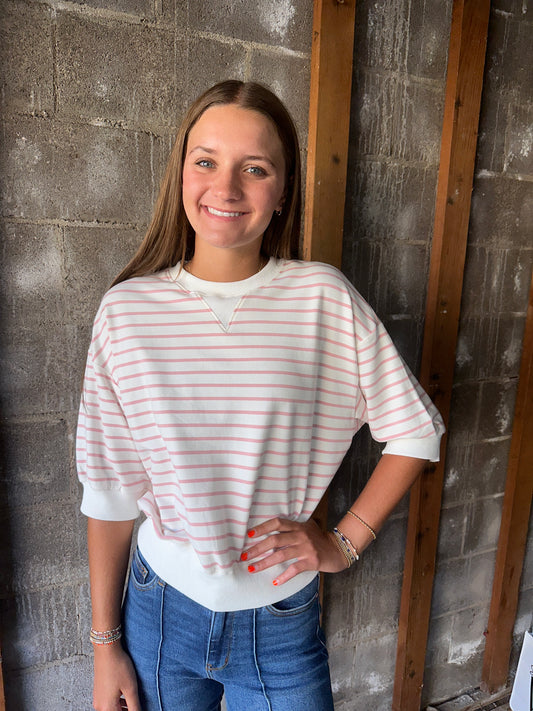 Light Pink Crew Neck 1/2 Sleeve Cotton Striped Sweatshirt Top