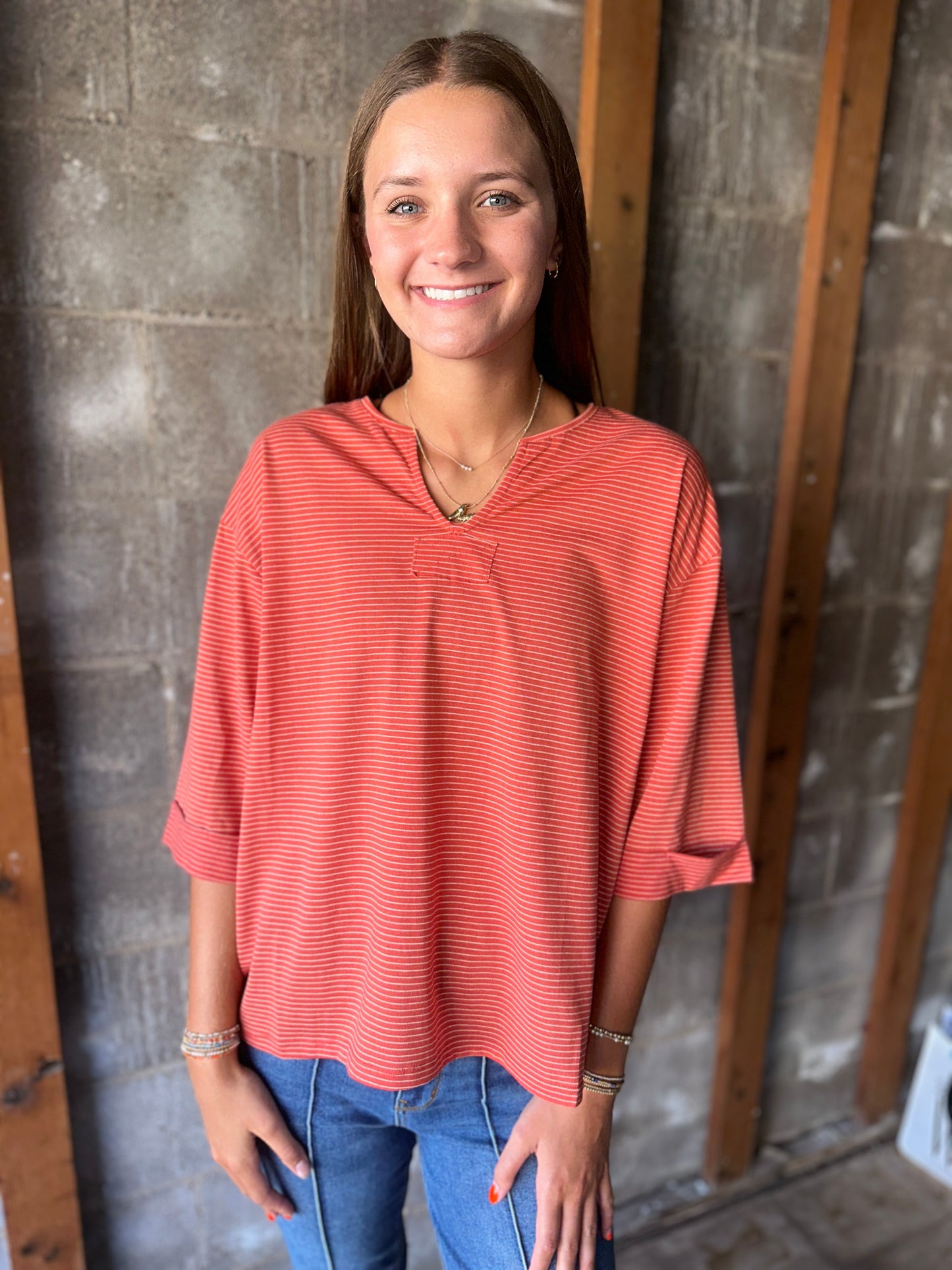 Brick 3/4 Sleeve Striped Knit Top with Cuff Detail