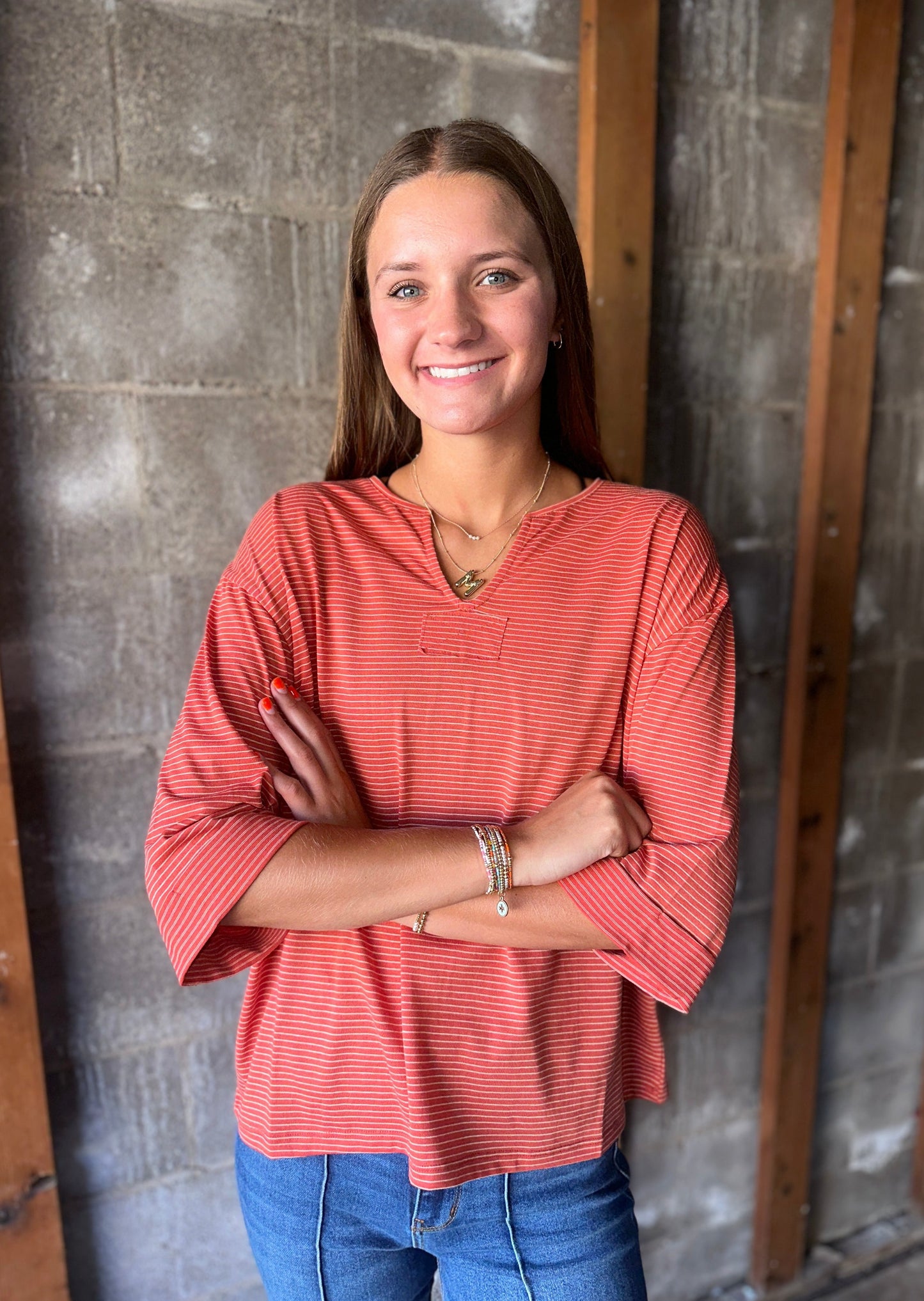 Brick 3/4 Sleeve Striped Knit Top with Cuff Detail