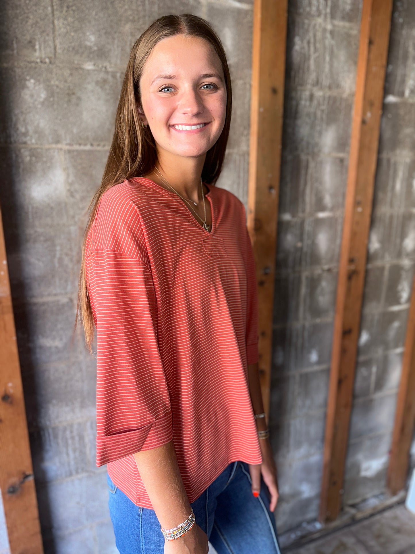 Brick 3/4 Sleeve Striped Knit Top with Cuff Detail