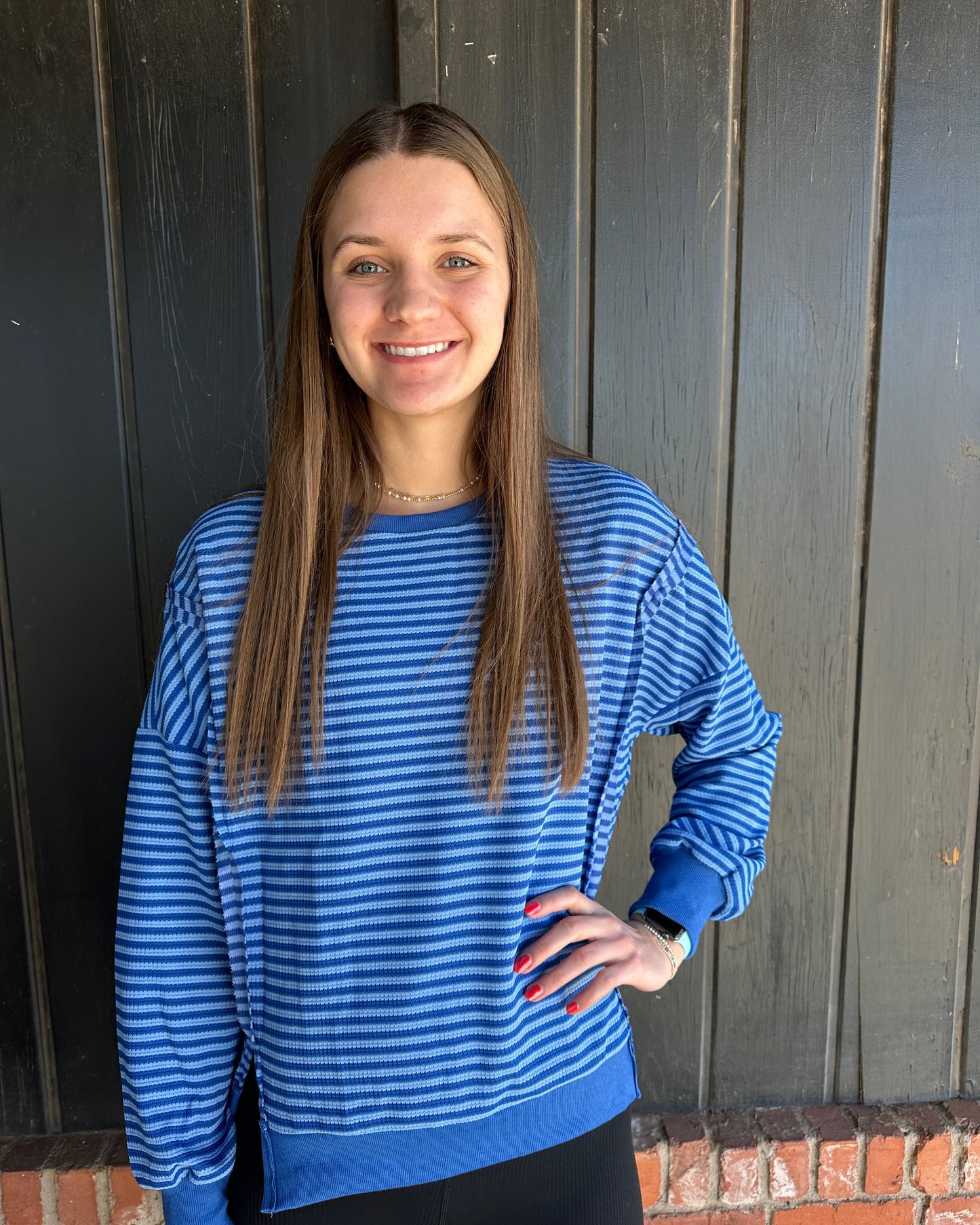 Blue Striped Colorblock Crewneck Sweatshirt