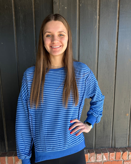 Blue Striped Colorblock Crewneck Sweatshirt