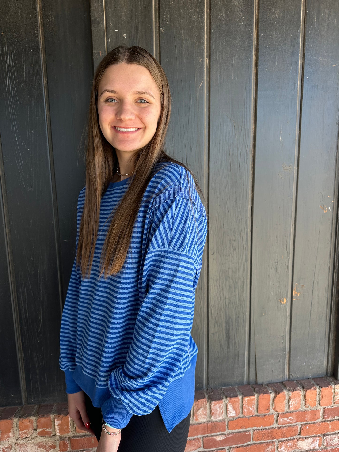 Blue Striped Colorblock Crewneck Sweatshirt