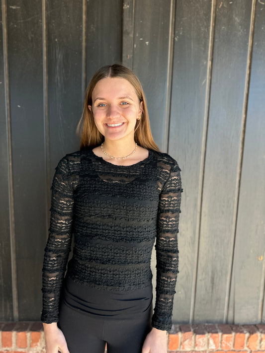 Black Ruffles Detail Flower Lace Top