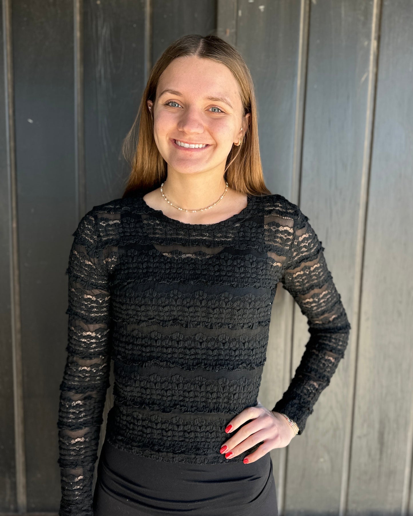 Black Ruffles Detail Flower Lace Top