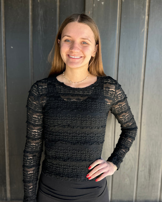 Black Ruffles Detail Flower Lace Top