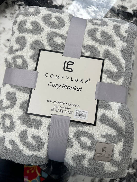 Gray and white leopard reversible blanket