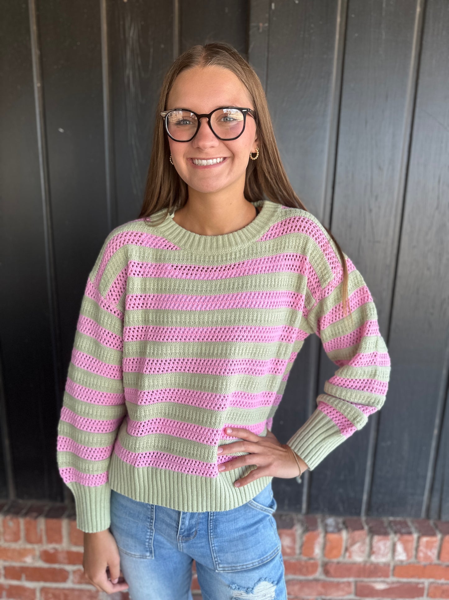 Multi-Striped Pullover with Crochet Detail