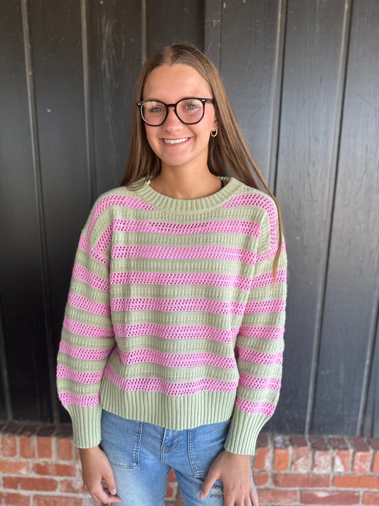 Multi-Striped Pullover with Crochet Detail