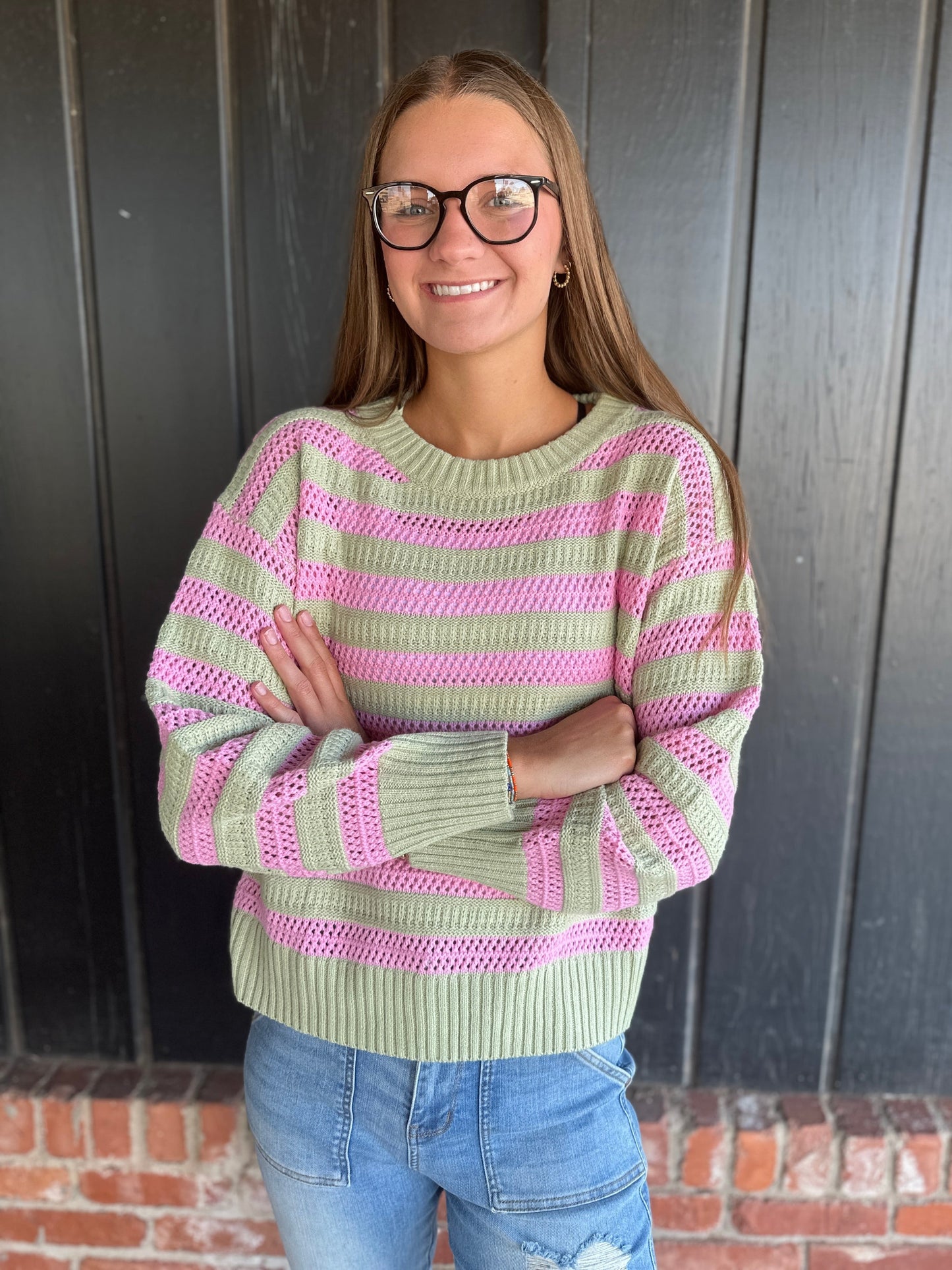 Multi-Striped Pullover with Crochet Detail