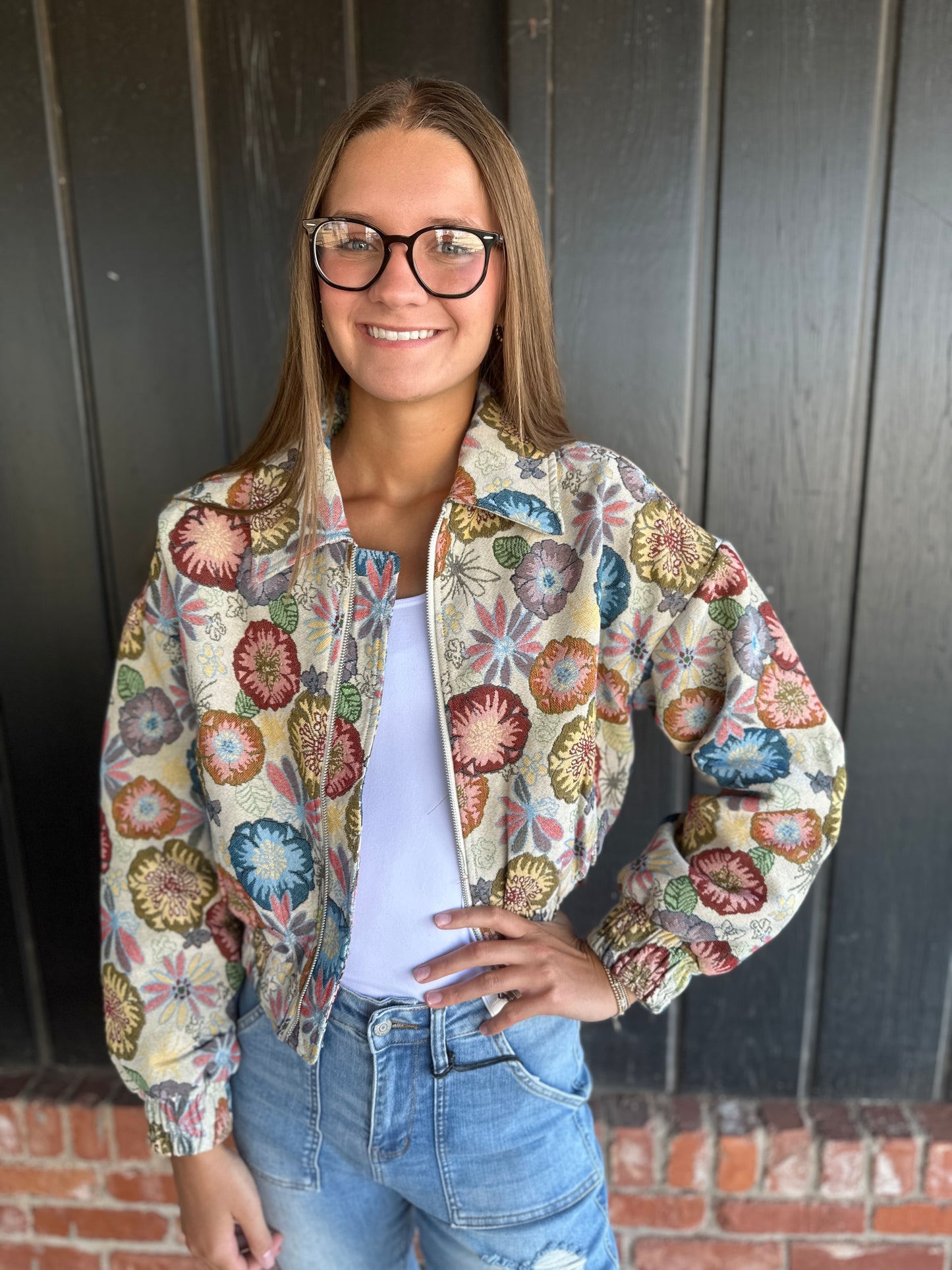 Retro Floral Printed Cropped Jacket