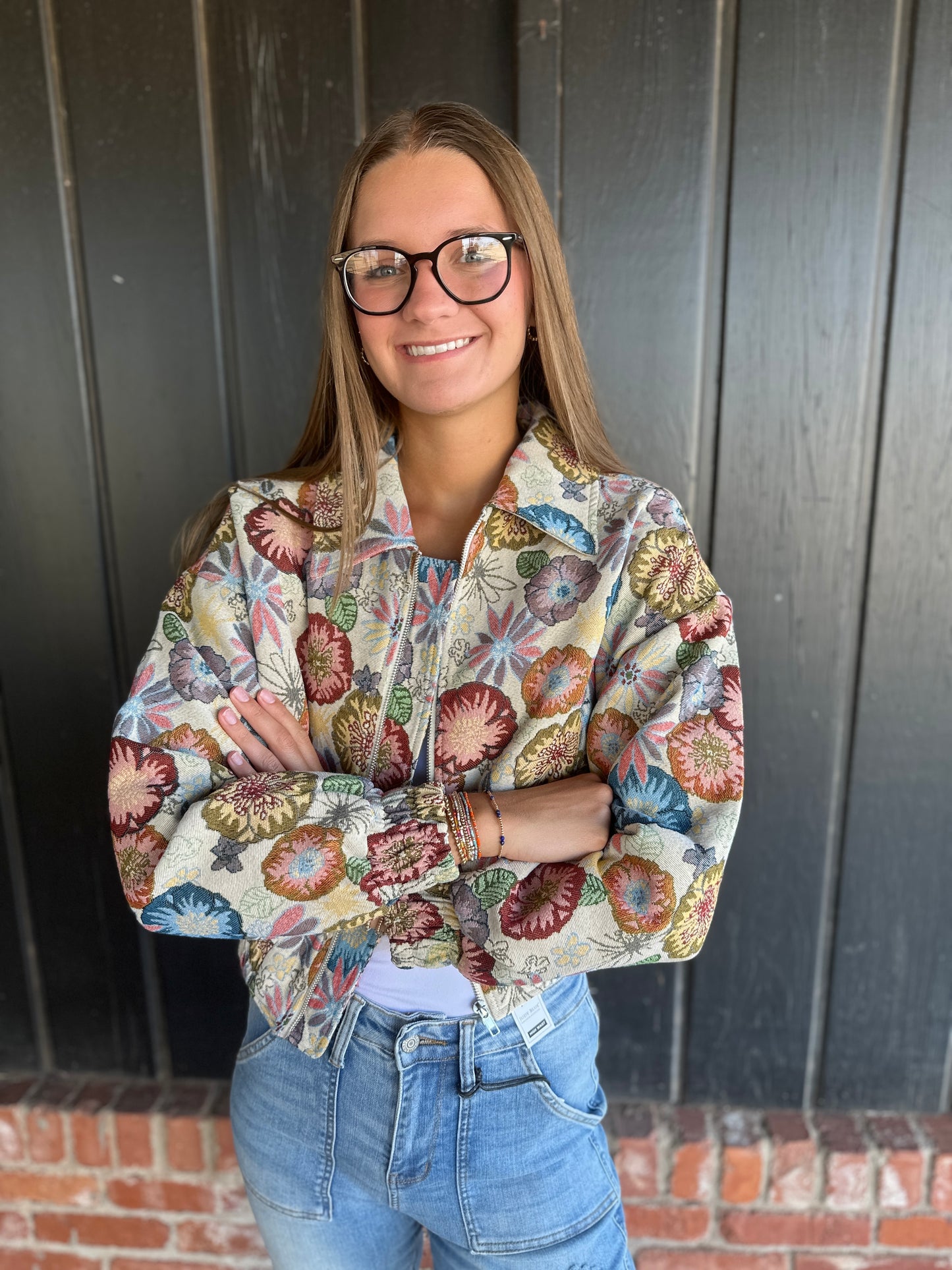 Retro Floral Printed Cropped Jacket