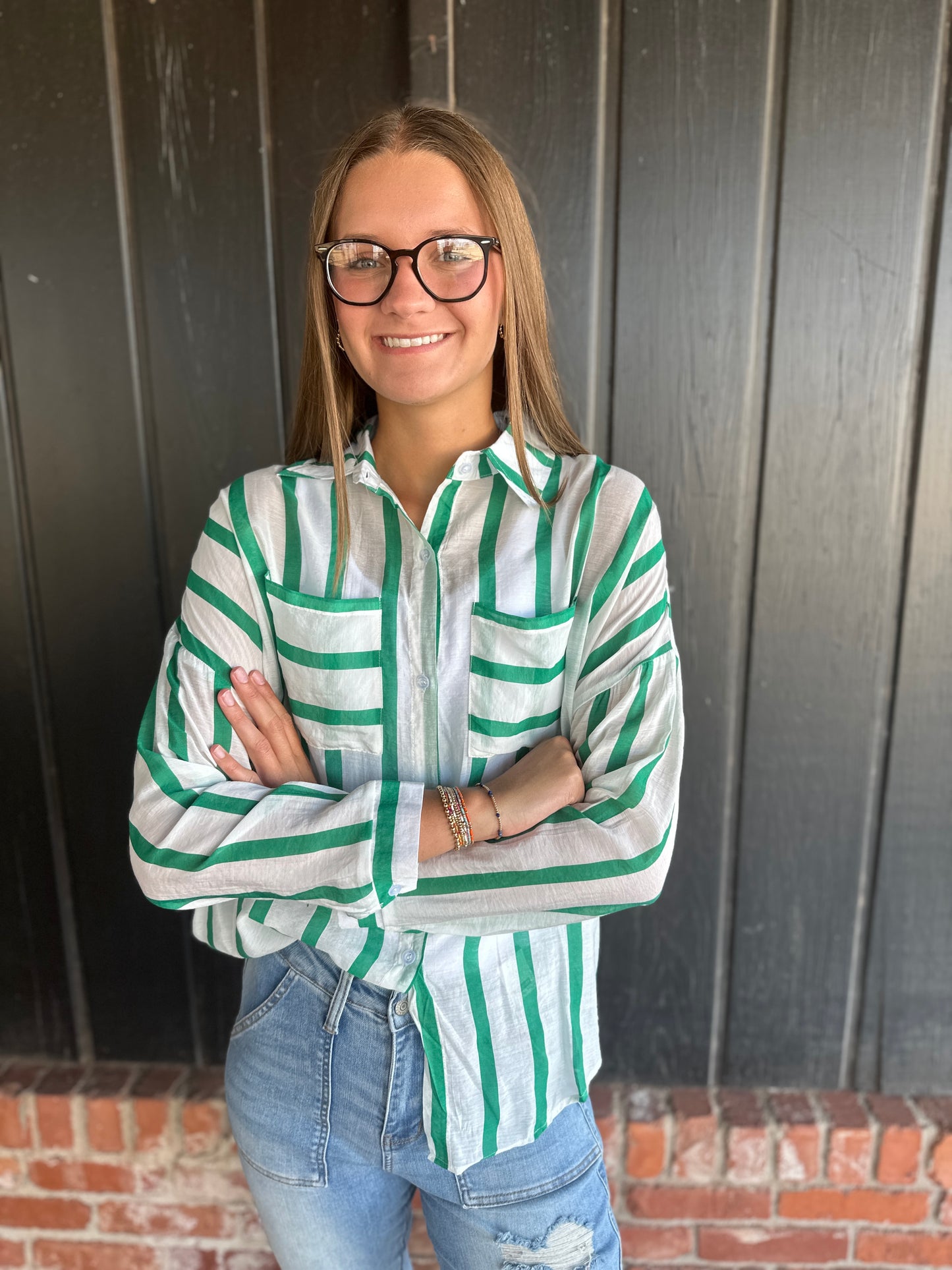 Green Stripe Double Pocket Shirt