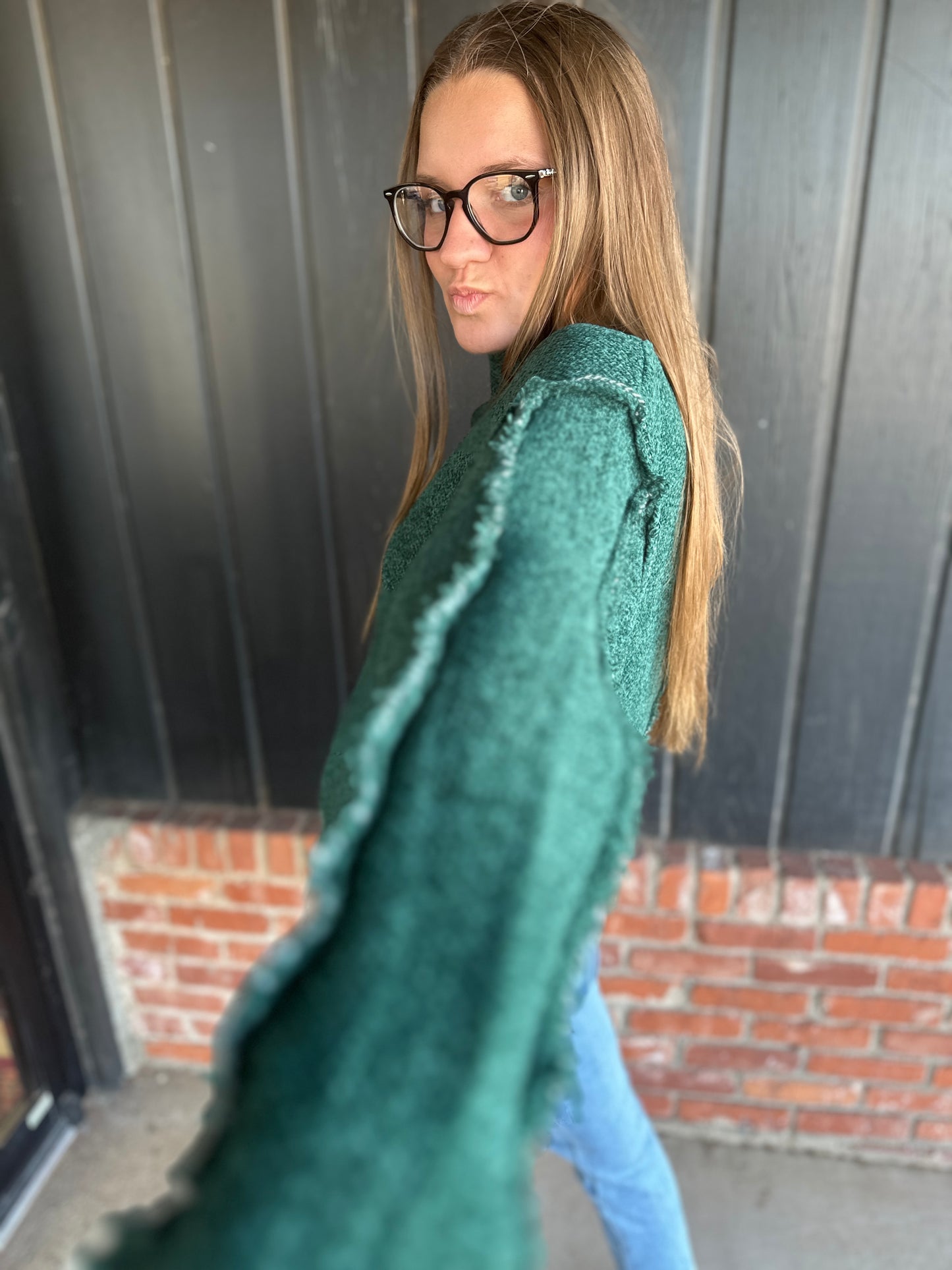 Dark Green oversized mock neck raw seam sweater