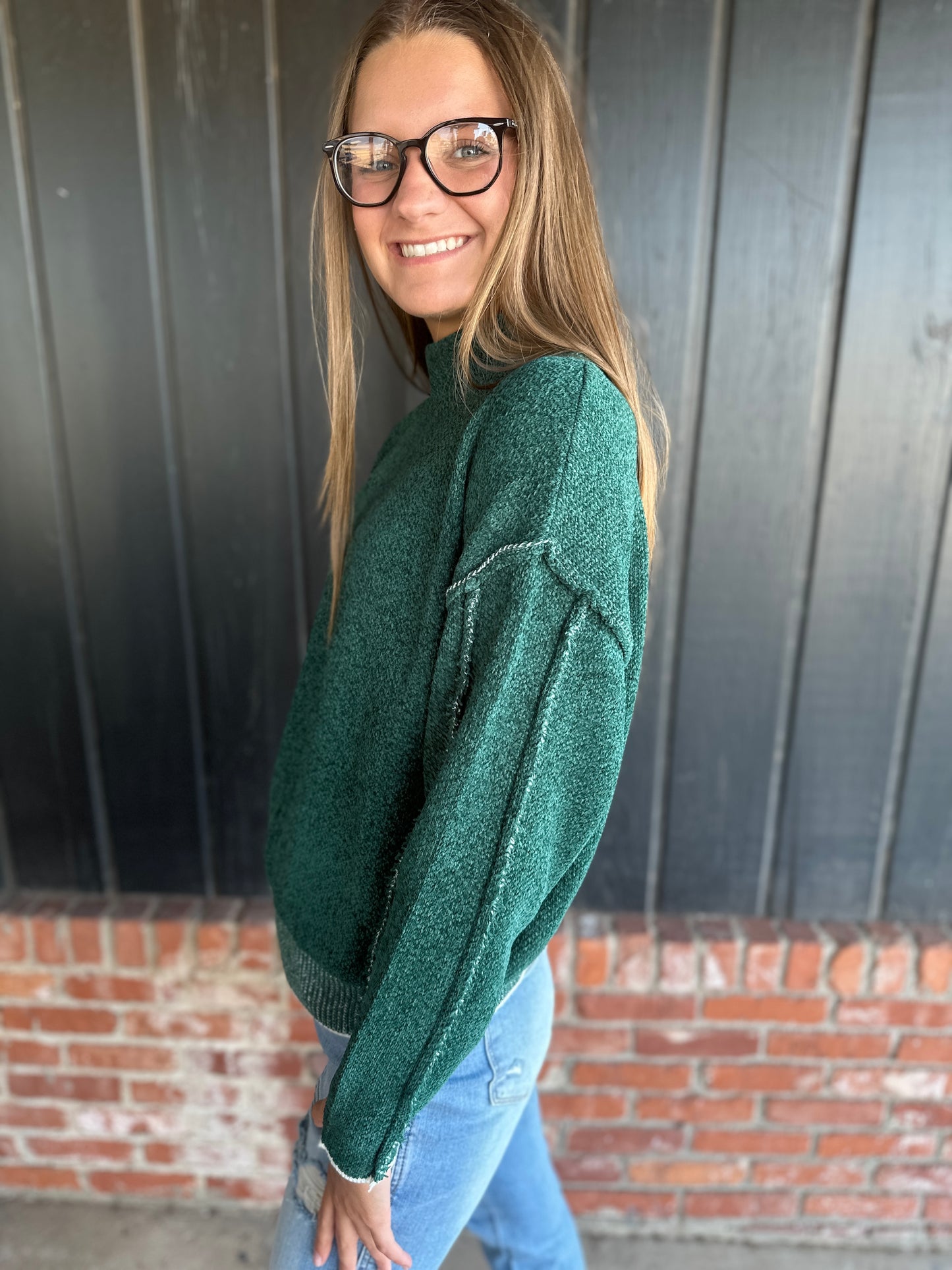 Dark Green oversized mock neck raw seam sweater