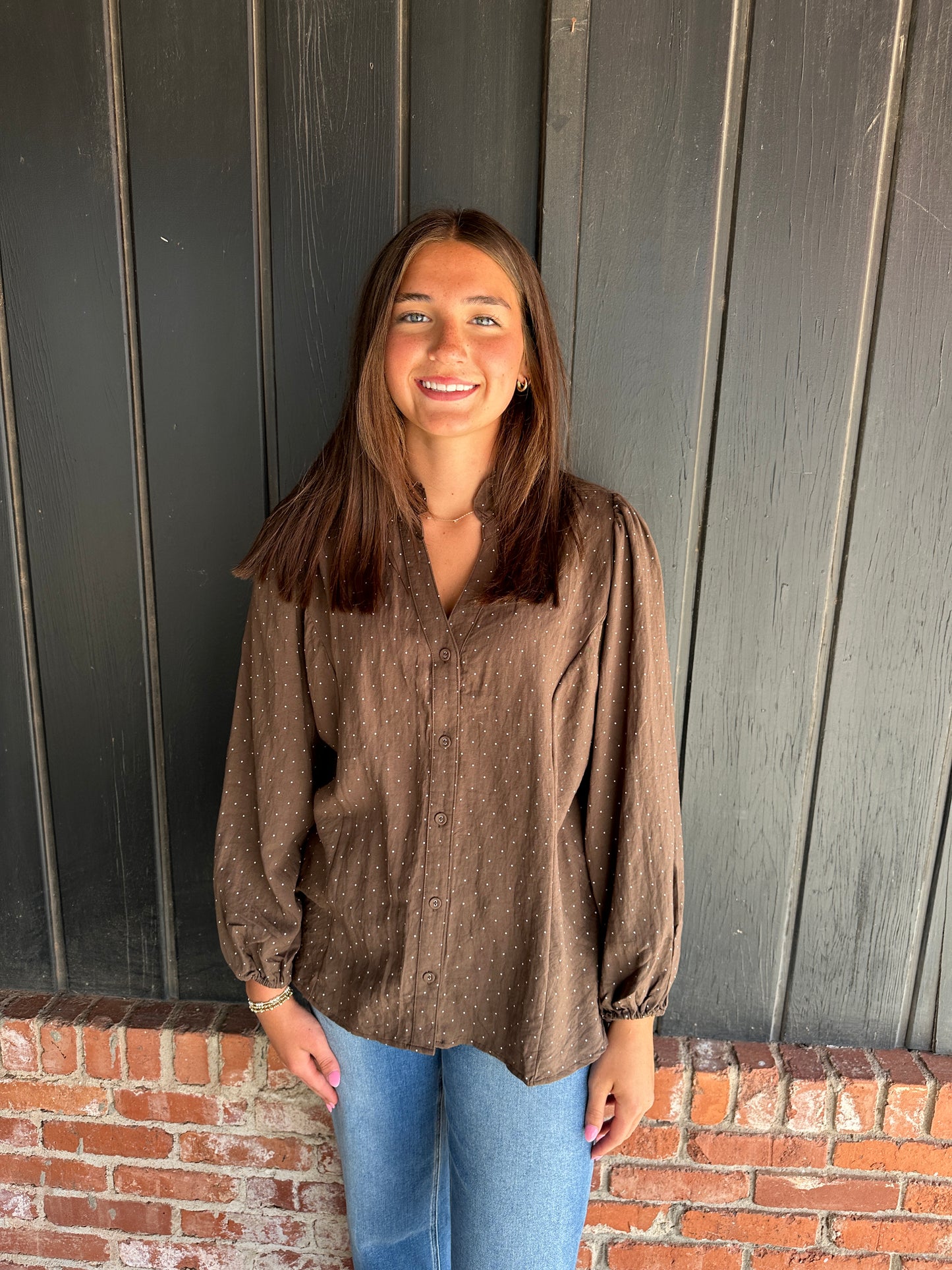 Brown Swiss Dot Ruffle Collar Button-Front Blouse