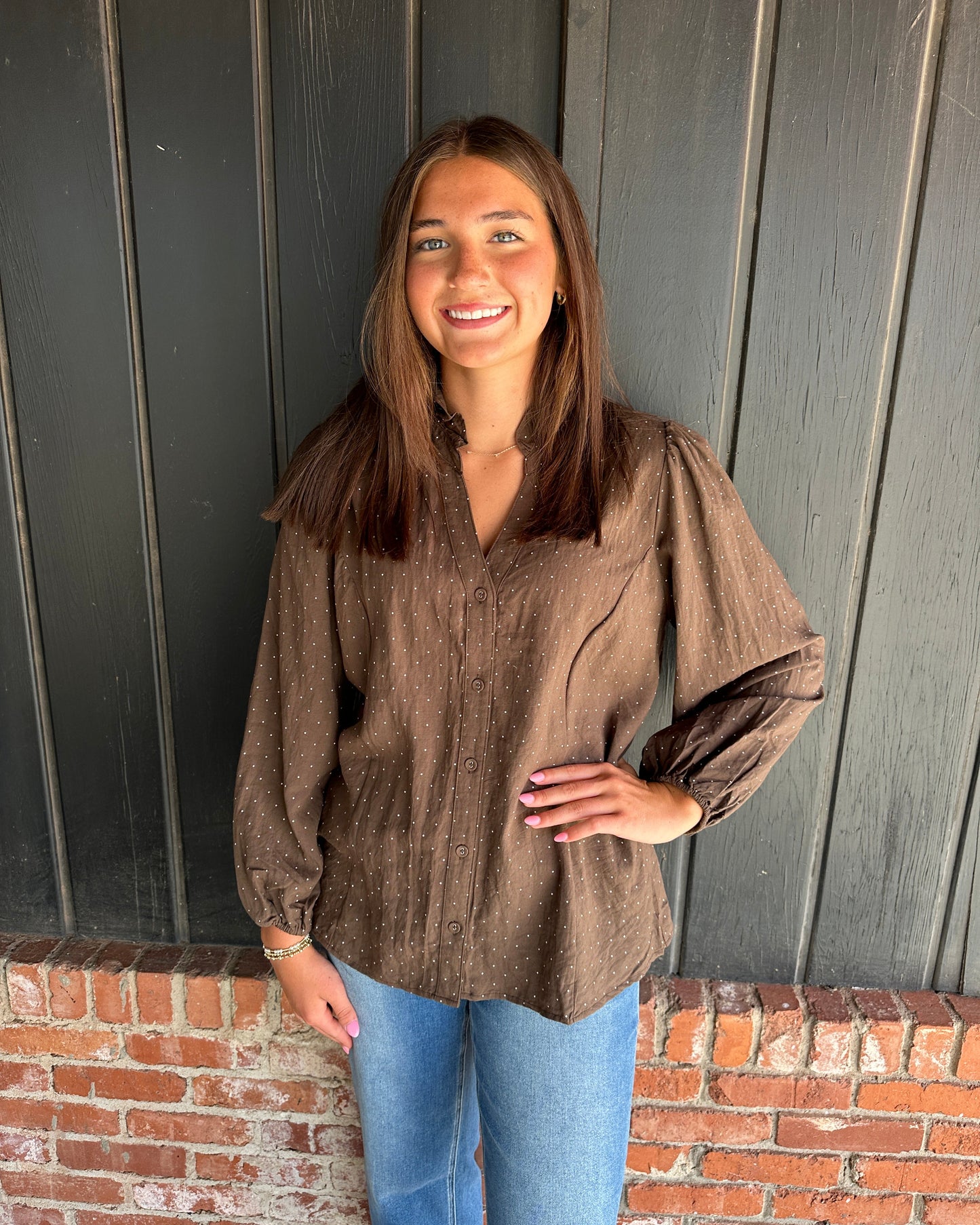 Brown Swiss Dot Ruffle Collar Button-Front Blouse
