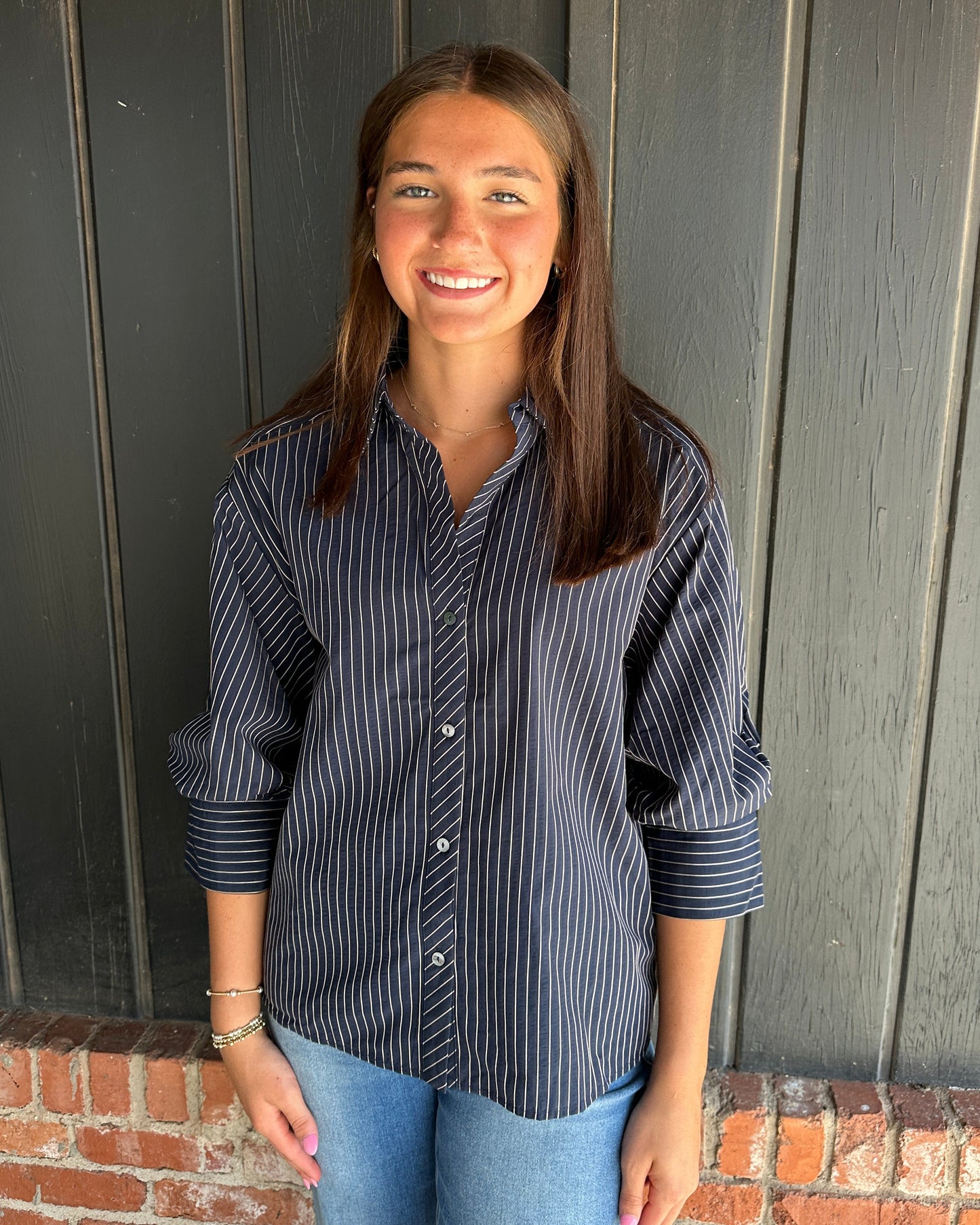 Navy Stripe 3/4 sleeve detail top