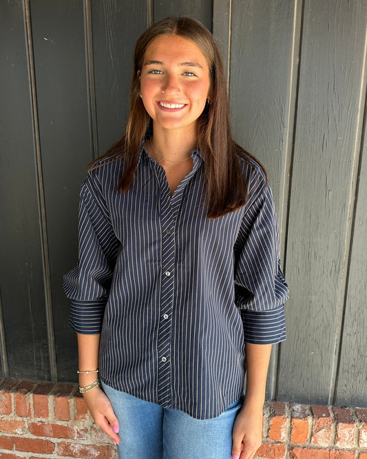 Navy Stripe 3/4 sleeve detail top