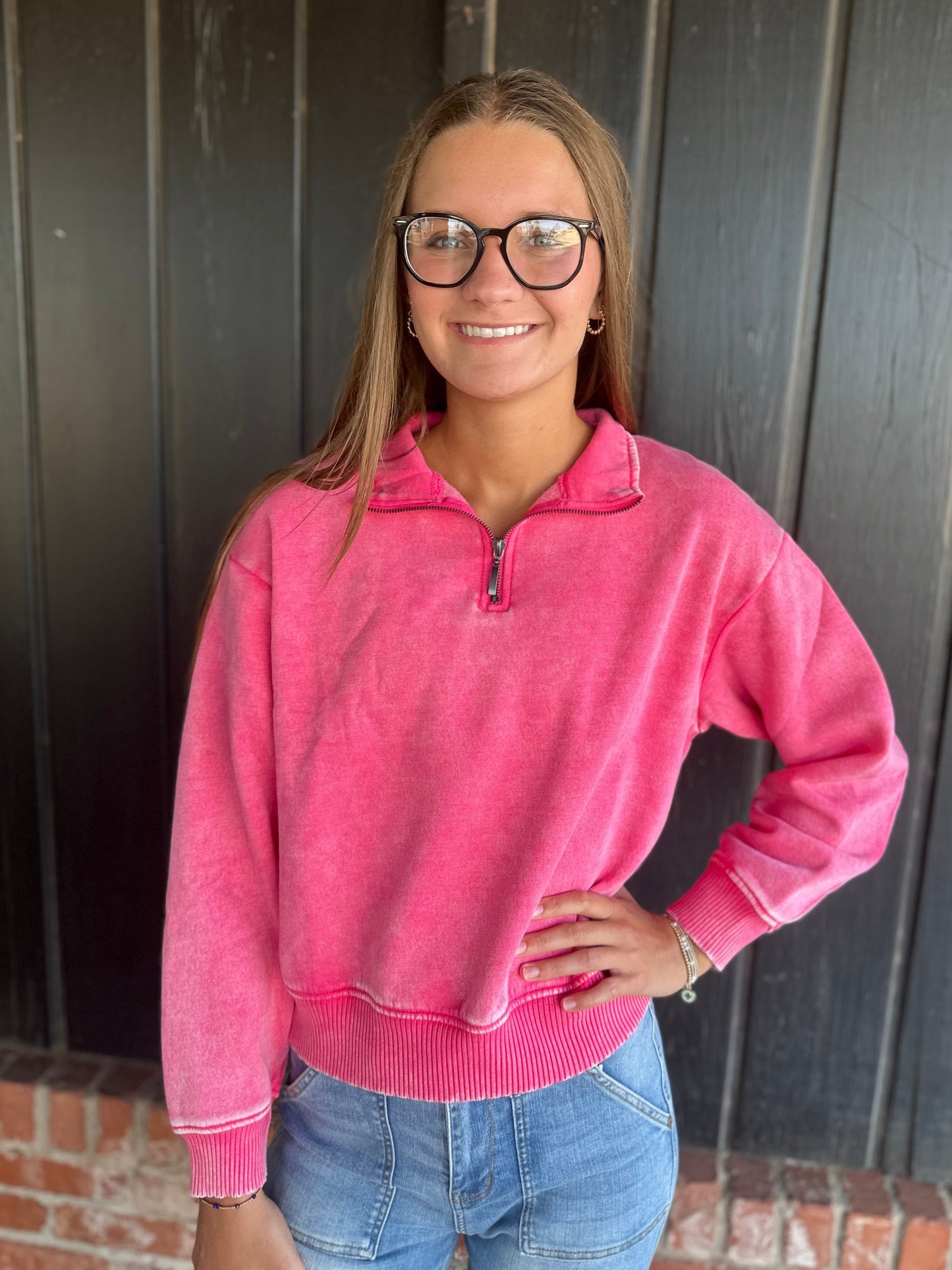 Fuchsia Acid Wash Fleece half zip pullover