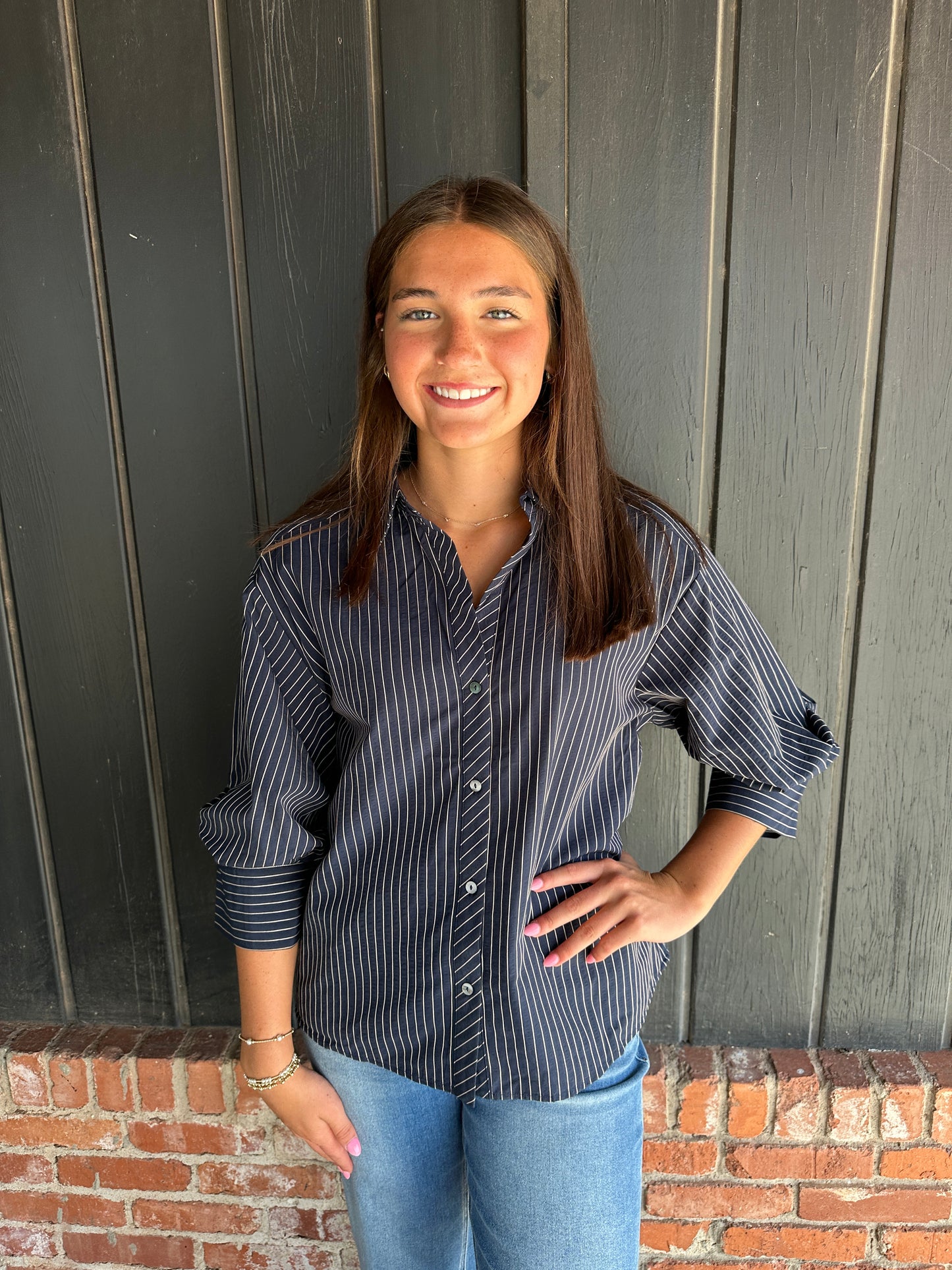 Navy Stripe 3/4 sleeve detail top