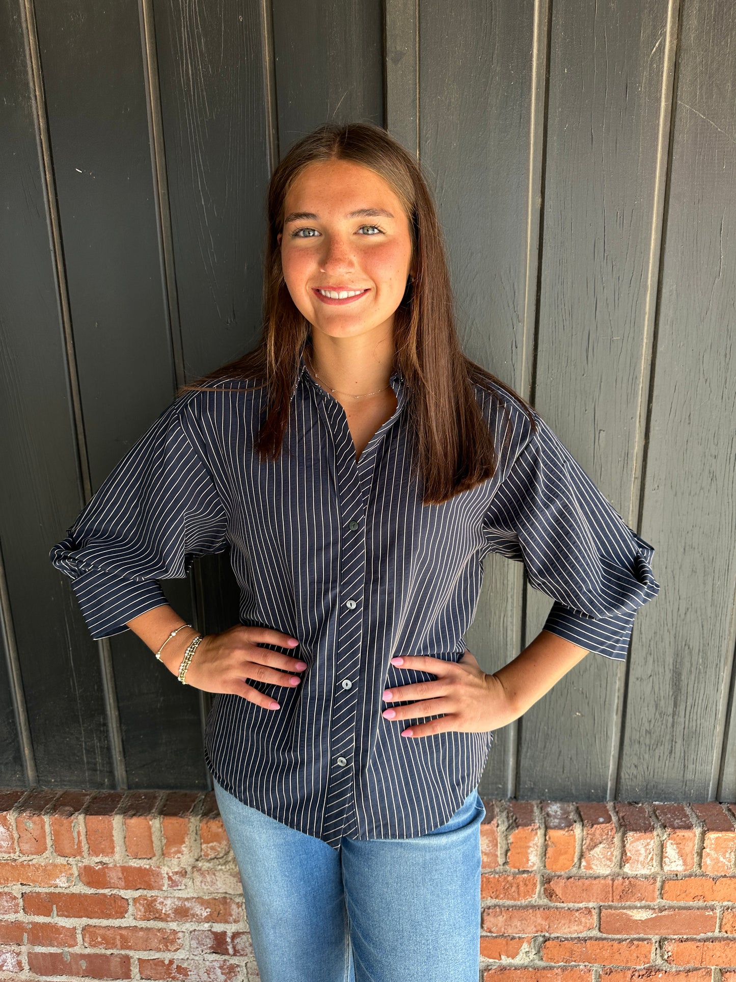 Navy Stripe 3/4 sleeve detail top