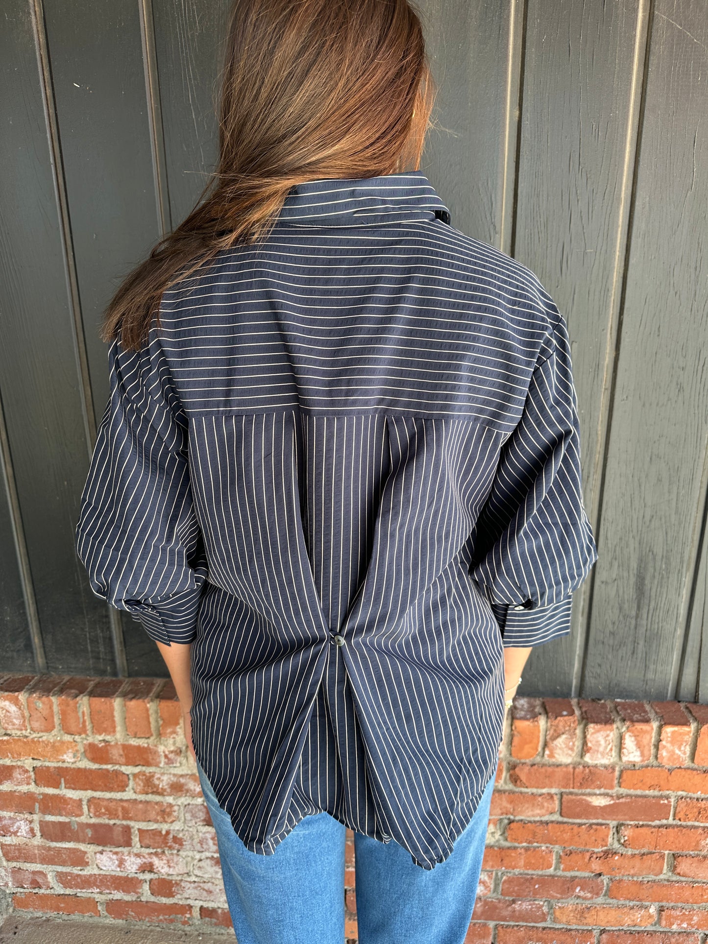 Navy Stripe 3/4 sleeve detail top