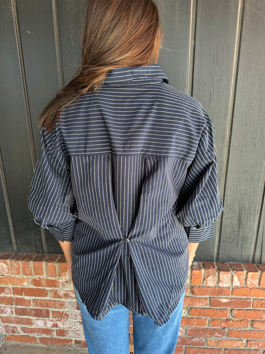 Navy Stripe 3/4 sleeve detail top