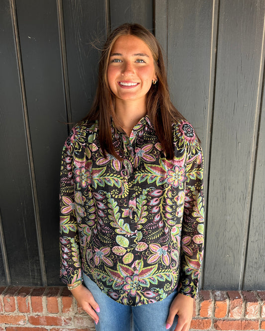 The Vera Black multi color button down top