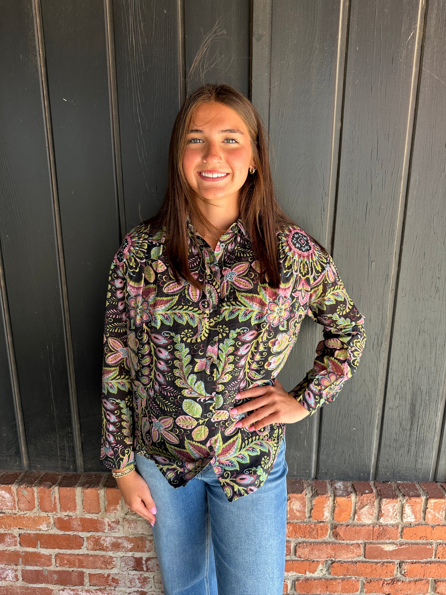 The Vera Black multi color button down top