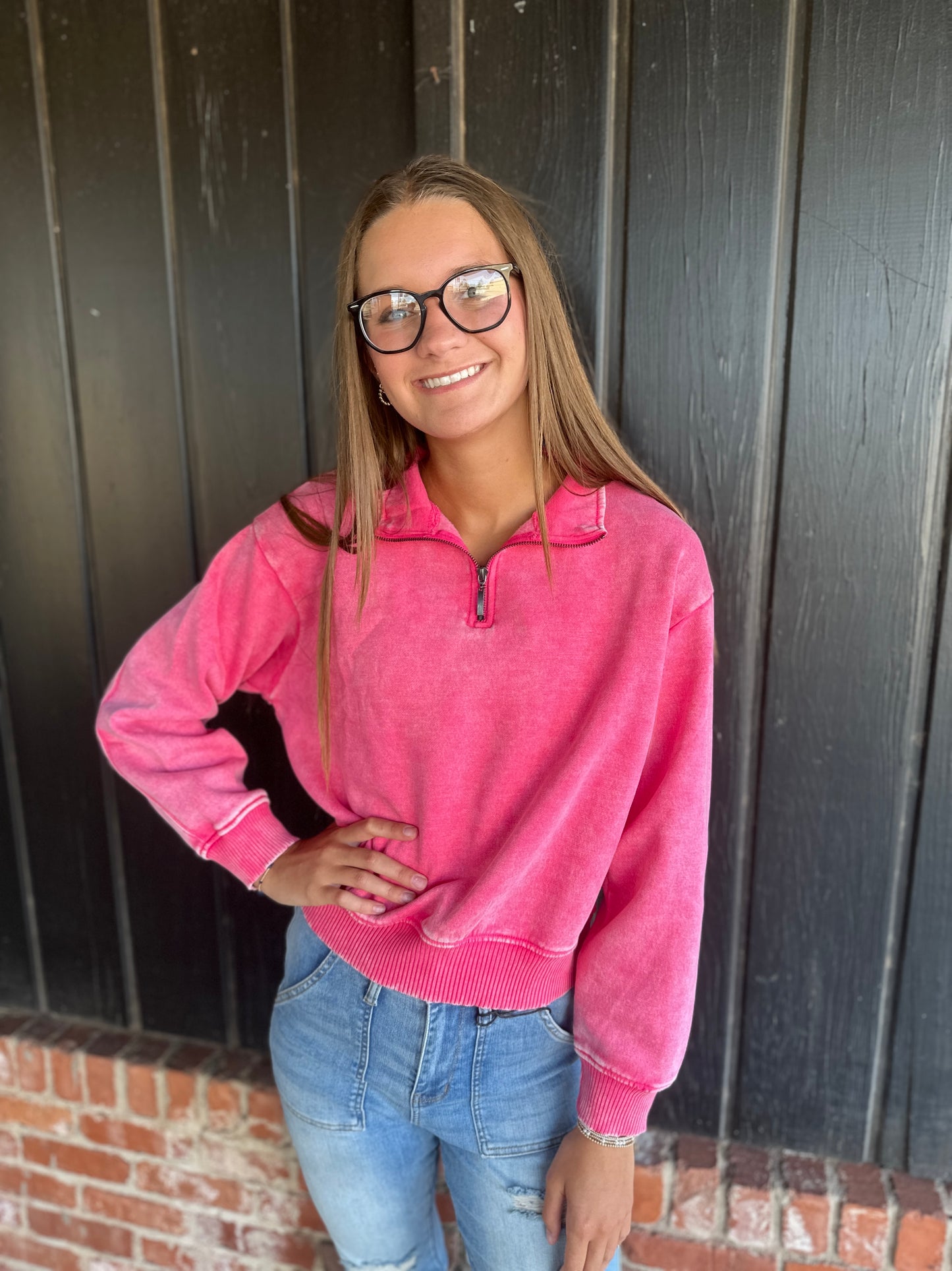 Fuchsia Acid Wash Fleece half zip pullover