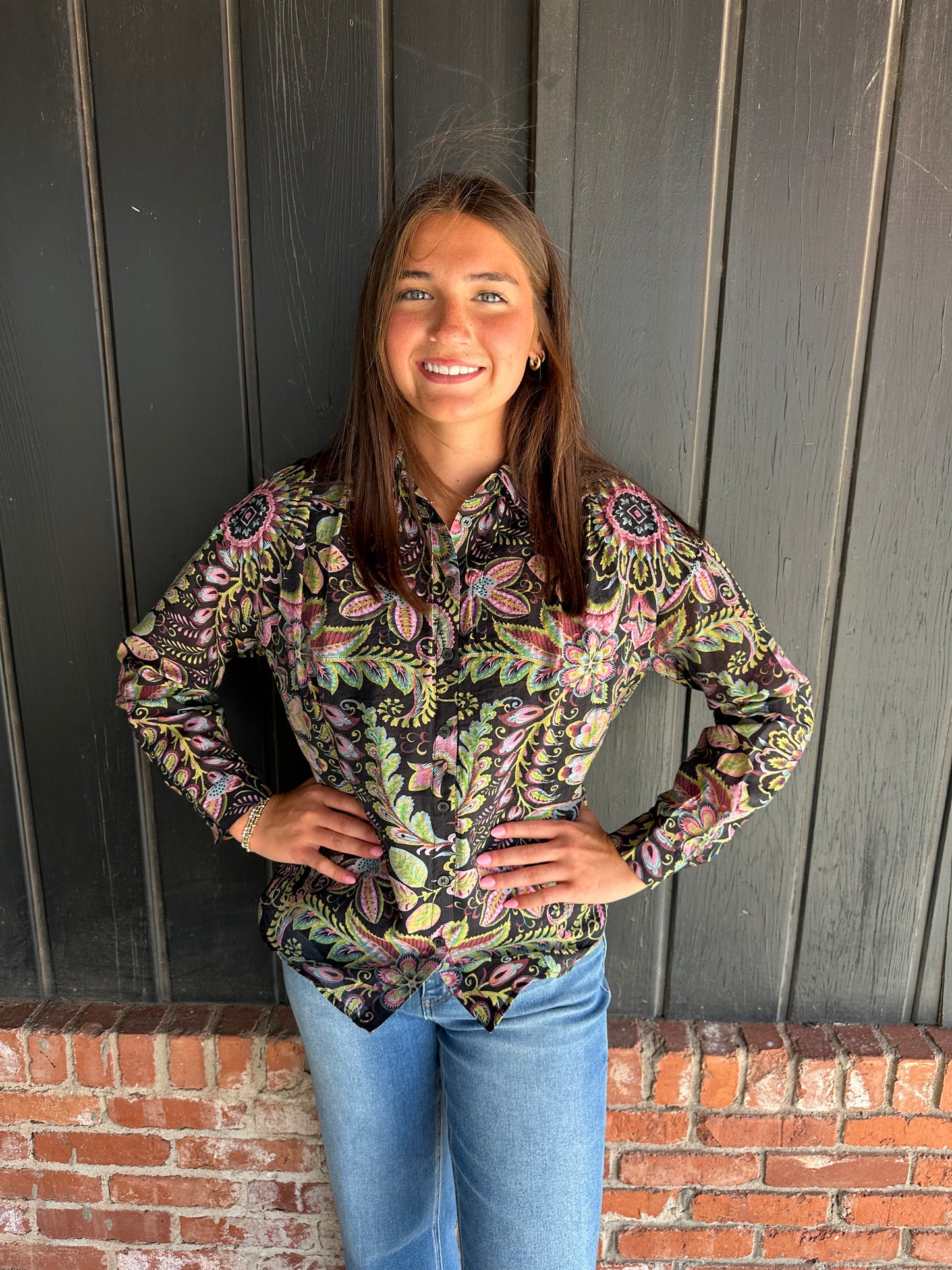 The Vera Black multi color button down top