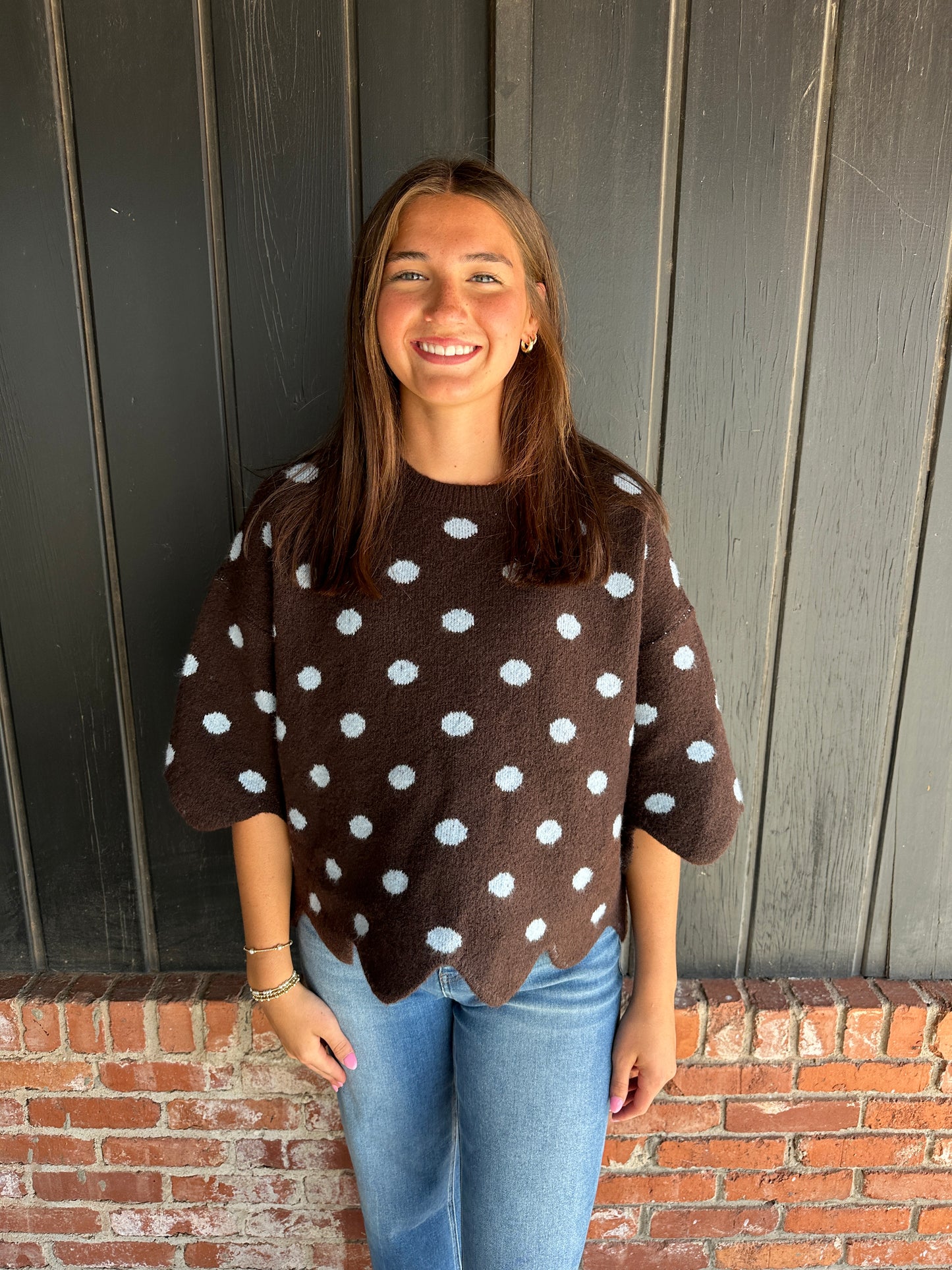 Brown dot polka dot scallop sweater