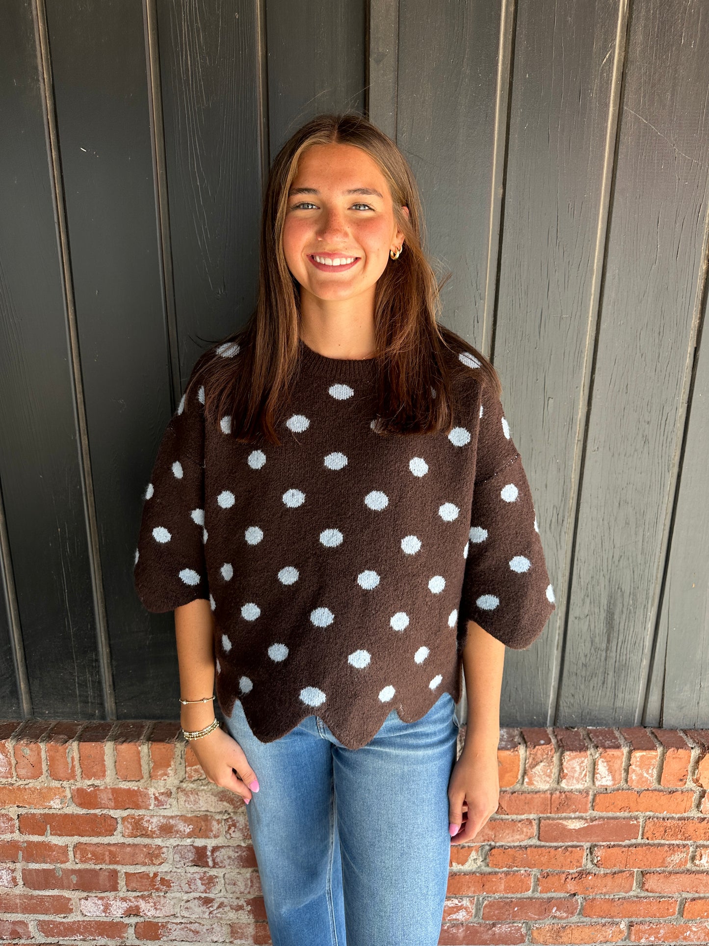 Brown dot polka dot scallop sweater
