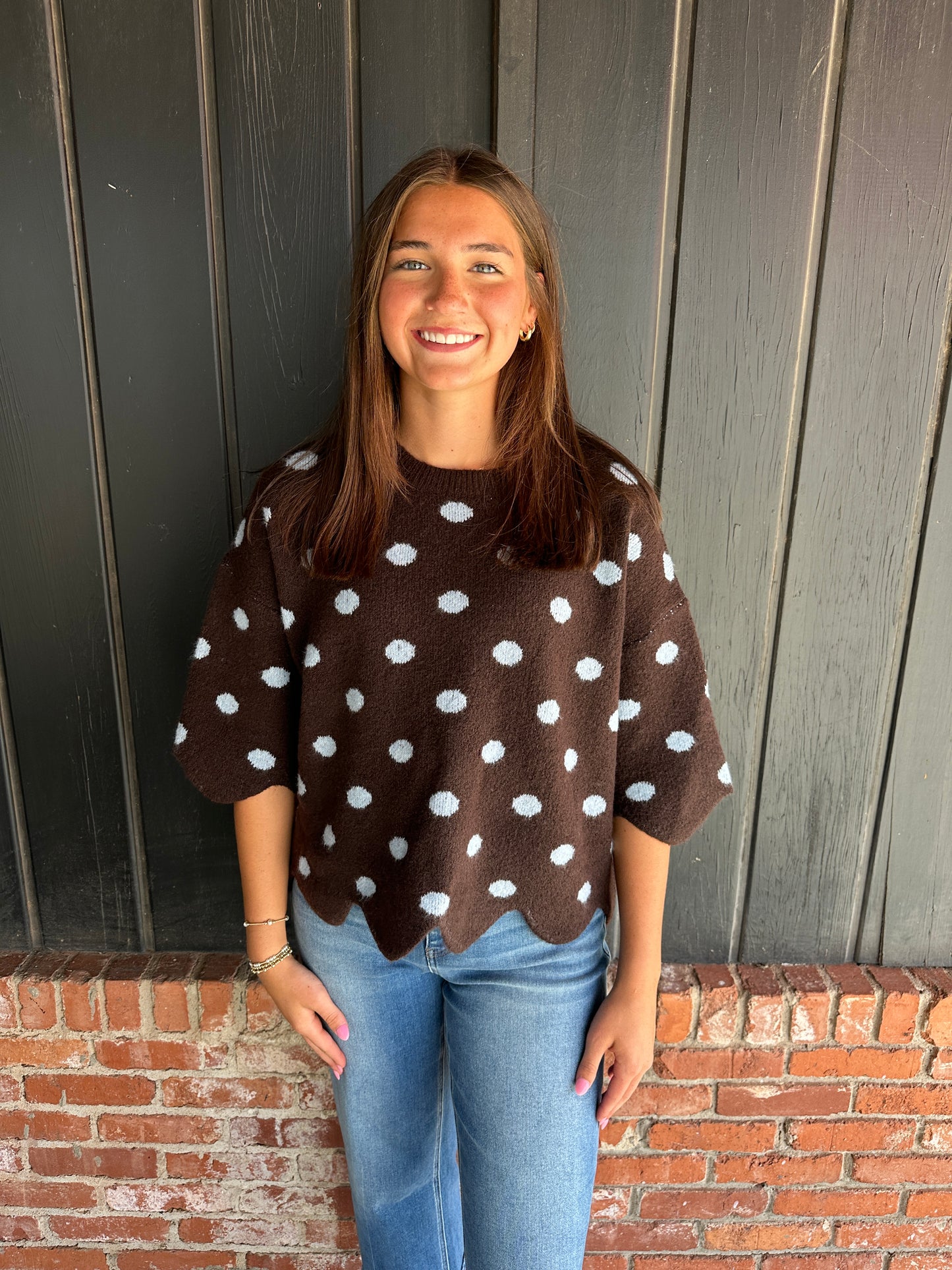 Brown dot polka dot scallop sweater