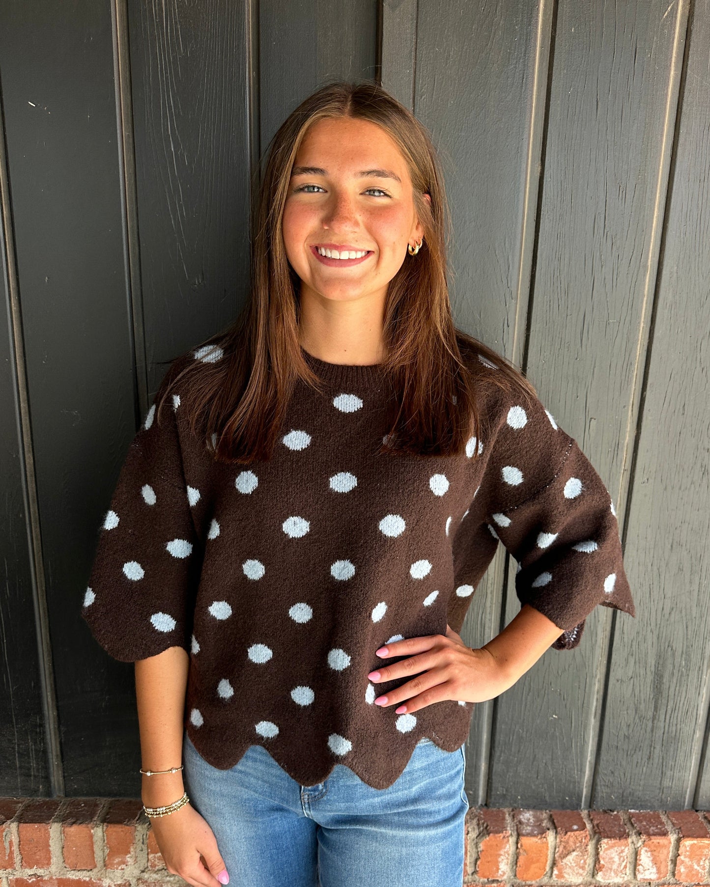Brown dot polka dot scallop sweater