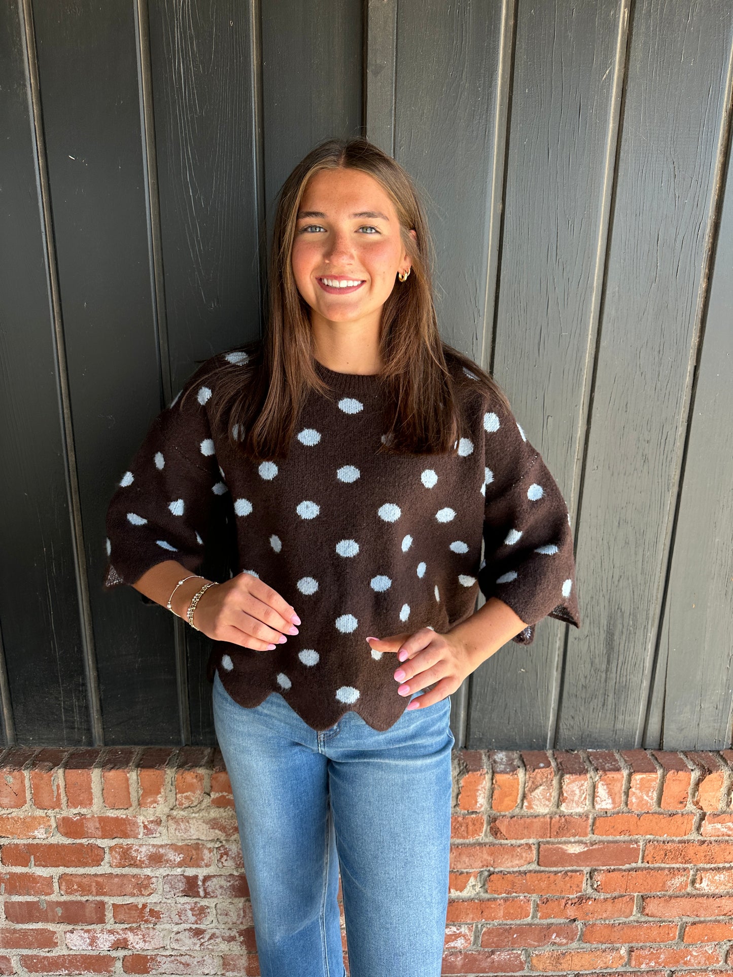 Brown dot polka dot scallop sweater
