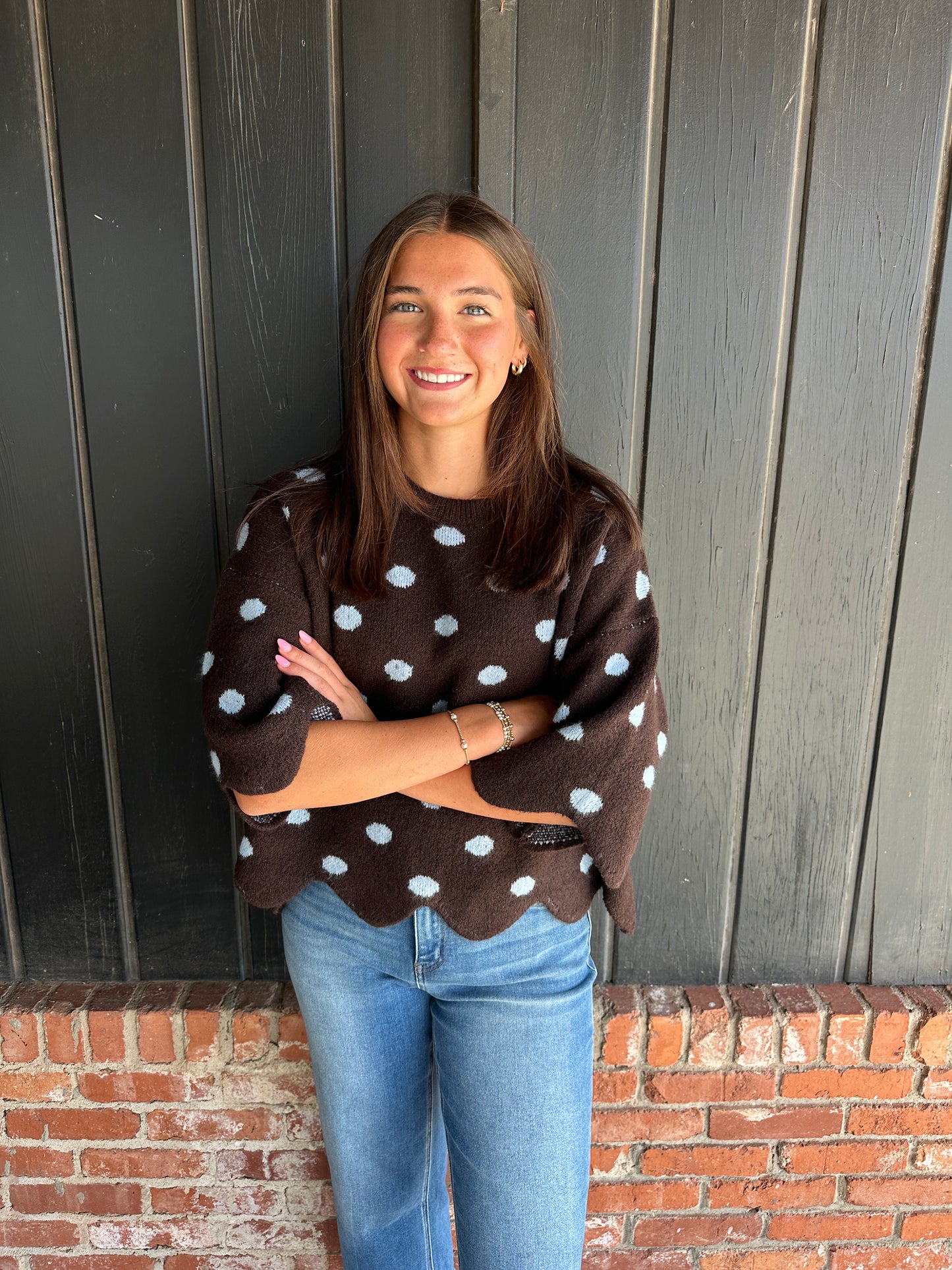 Brown dot polka dot scallop sweater